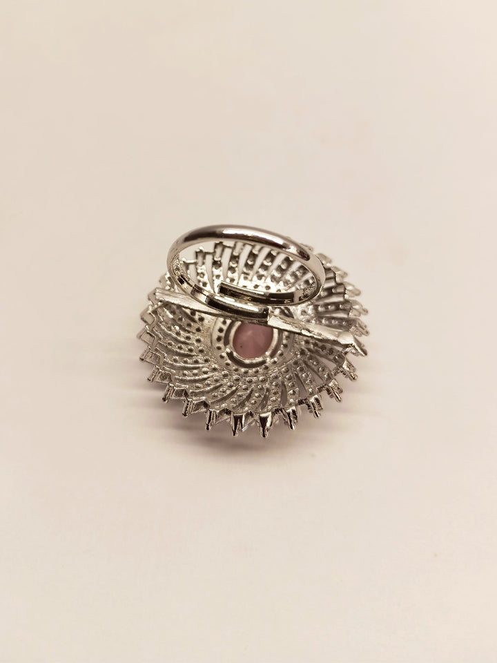 Beautiful Nilam Round Baby Pink Silver Ring with intricate detailing