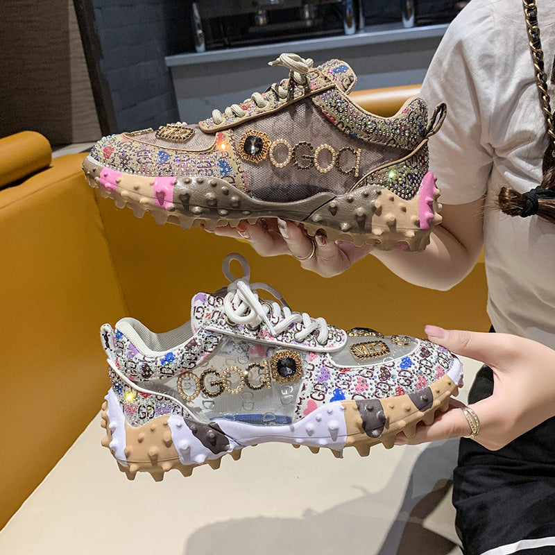 Women’s Lumira Embroidered Letter Mesh Platform Sneakers – Rhinestone Detail Chunky Sole Light Luxury Fashion Sneakers (US 4–10.5)