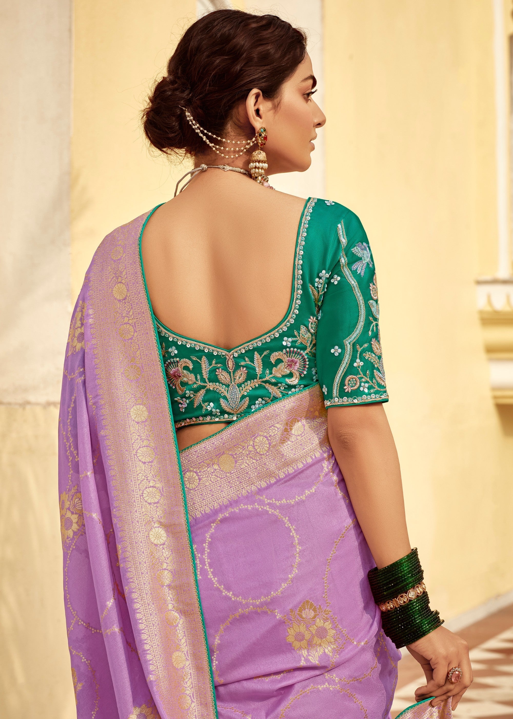 Lavender Purple Dola Silk Saree Embellished With Weaving Work And Heavy Embroidered Blouse - qivii