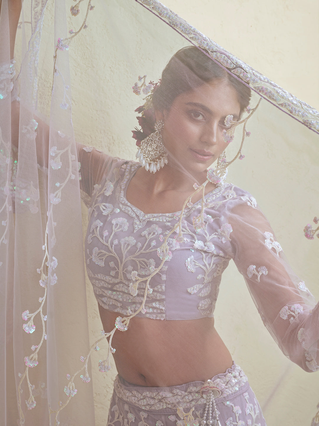 Lavender Color Net Fabric Sequins embroidery Lehenga choli & Dupatta - qivii