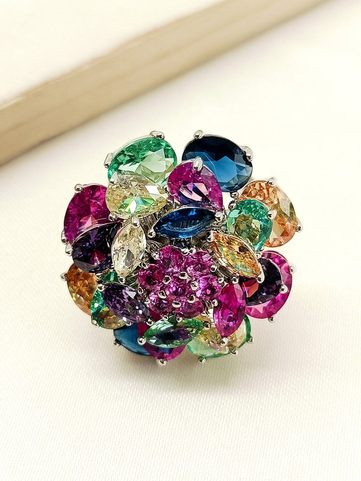 Beautiful Indah Multi Colour American Diamond Finger Ring with intricate design and sparkling gemstones