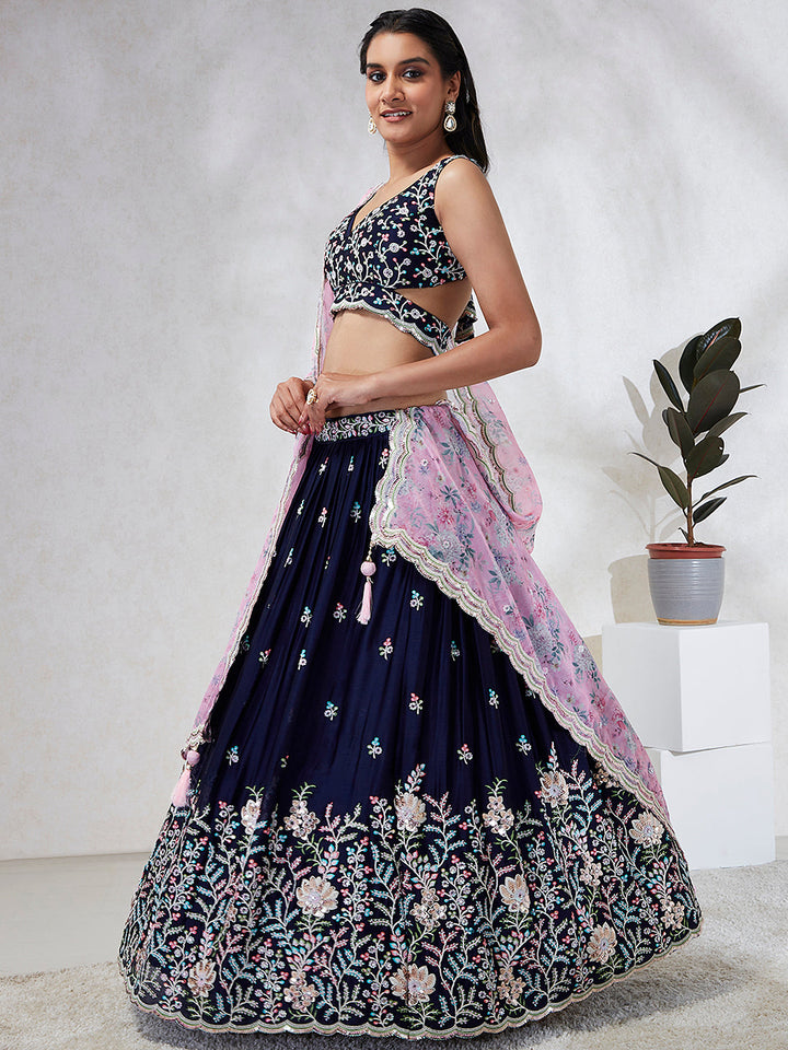 Georgette Sequins, Mirror and thread embroidery Stitched Lehenga choli