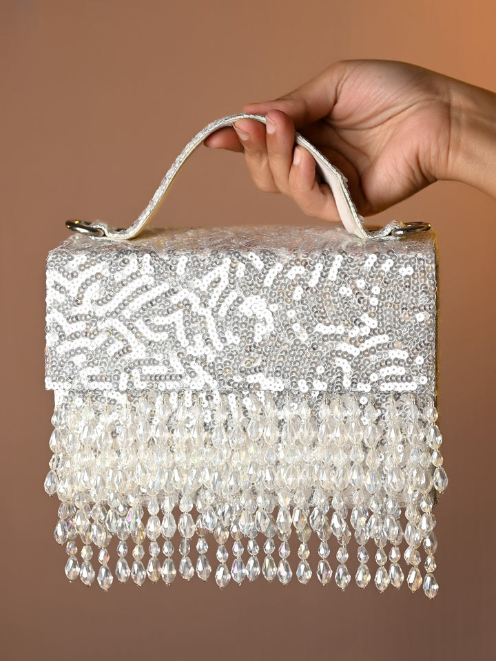 Aksha Silver White Sequence Box Style Clutch