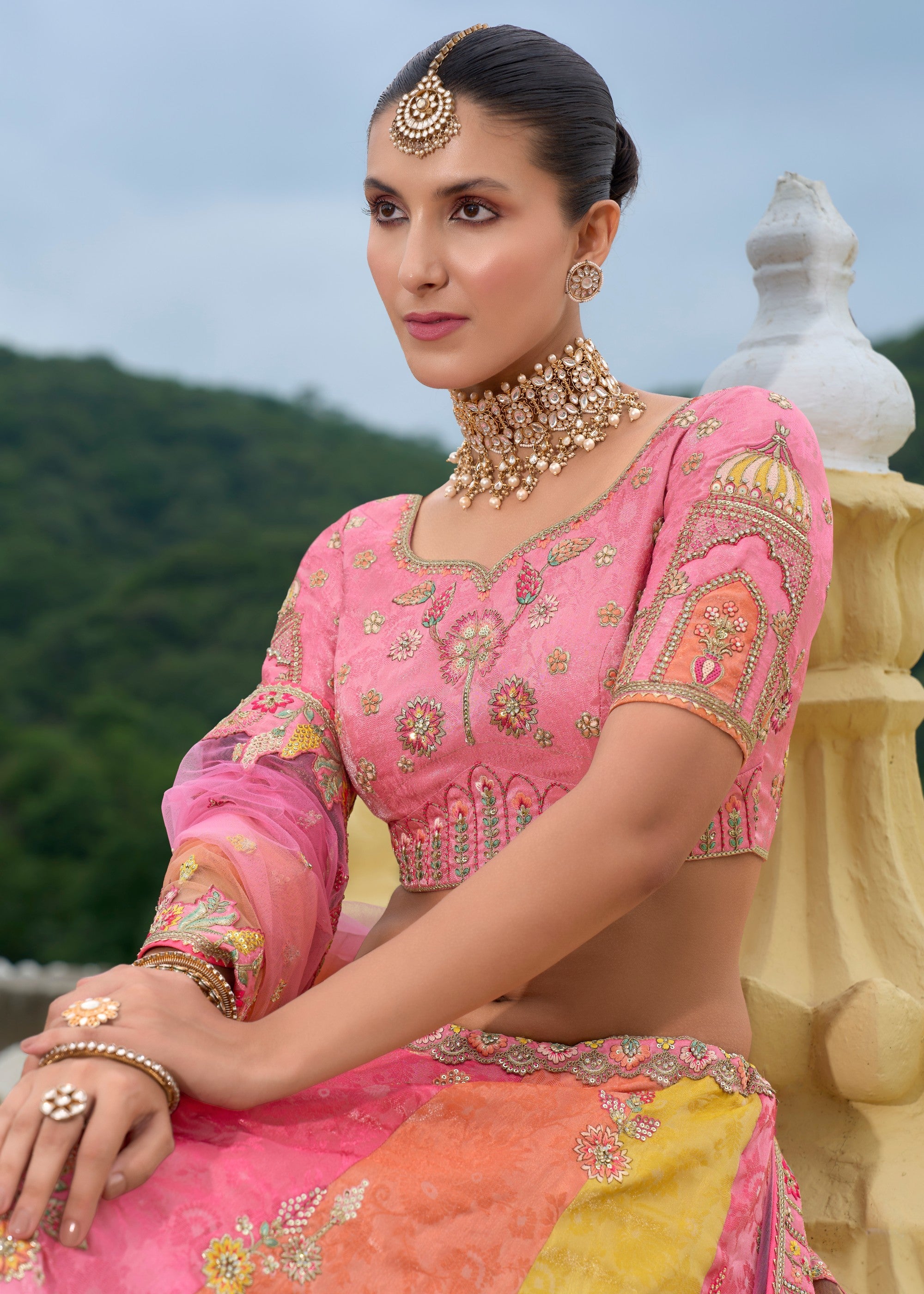 Multicolored Banarasi Silk Lehenga With Heavy Embroidery Work | Ready To Wear - qivii