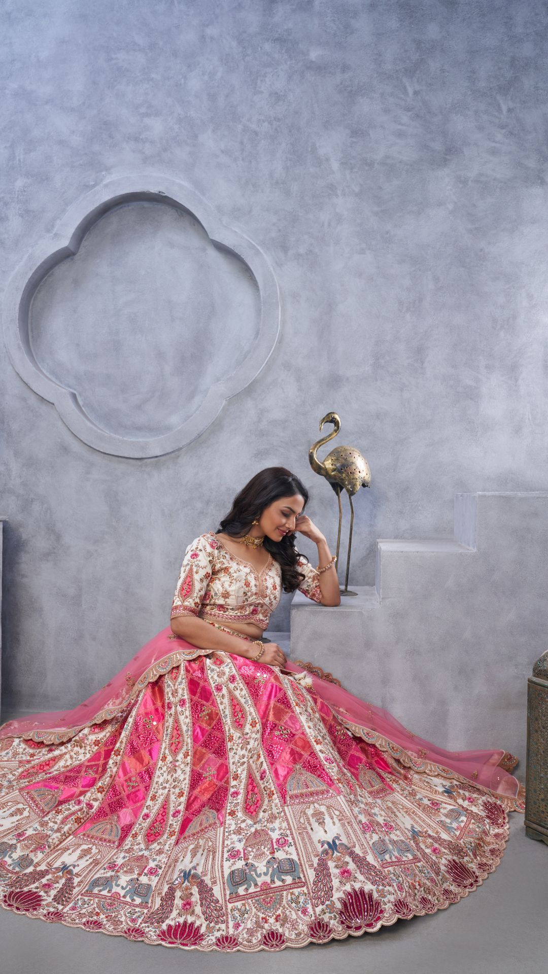 Ivory Bridal Lehenga with Temple Motifs, Peacock Designs & Bandhej Jacquard Patches Lehenga Choli