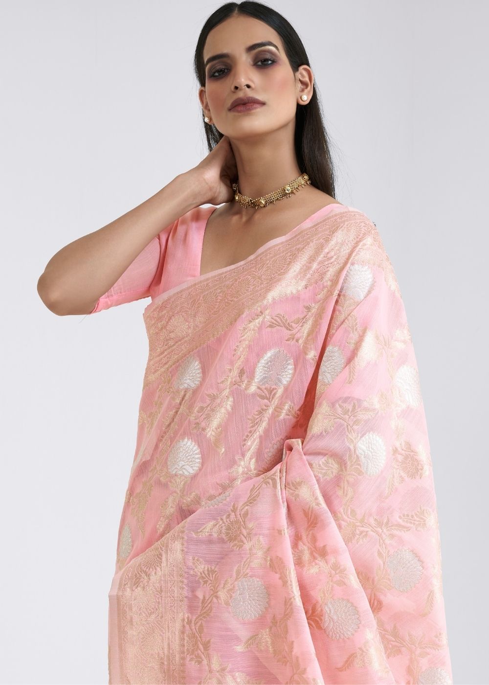 Rose Pink Zari Woven Linen Silk Saree