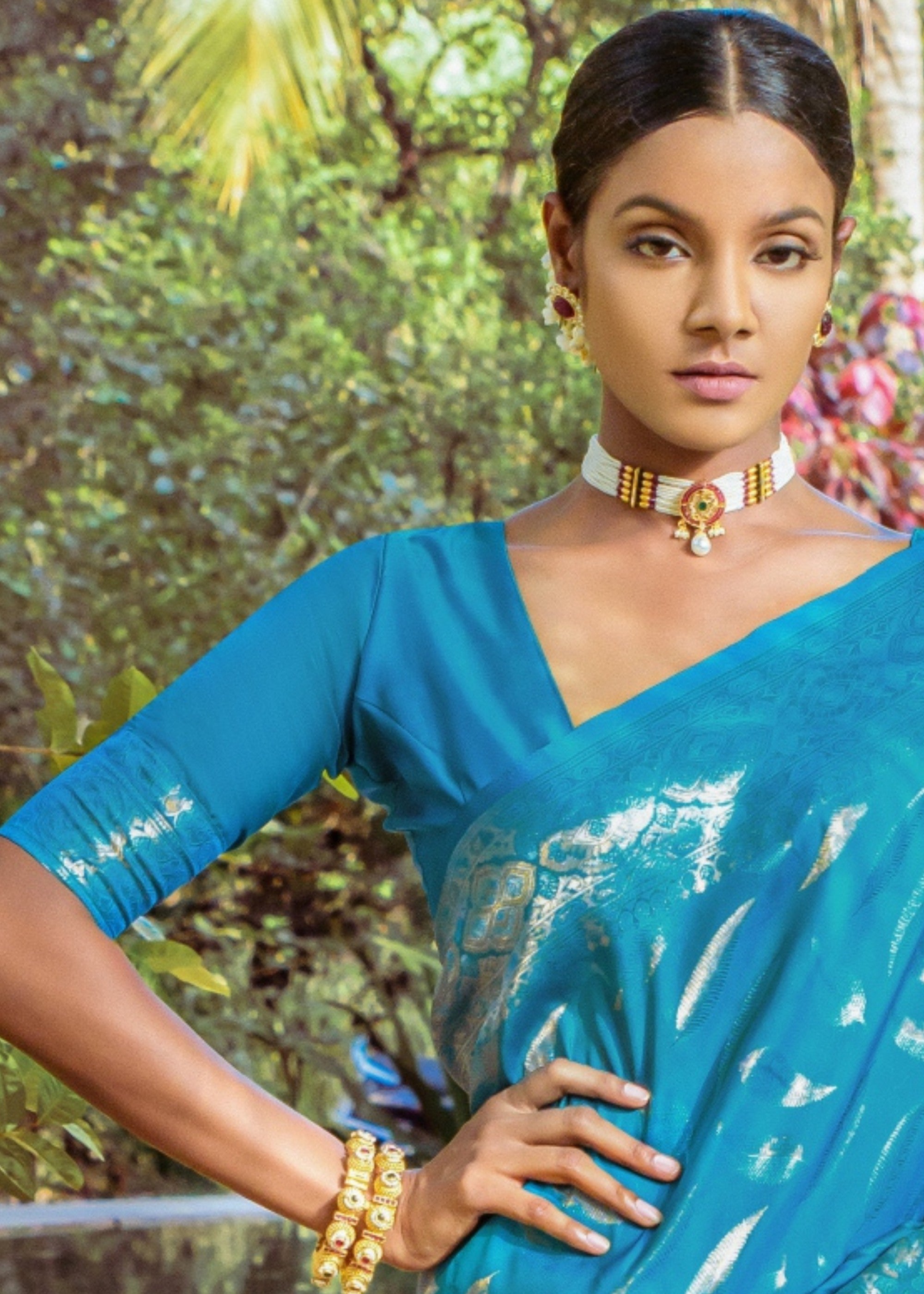 Cerulean Blue Zari Woven Silk Saree - qivii