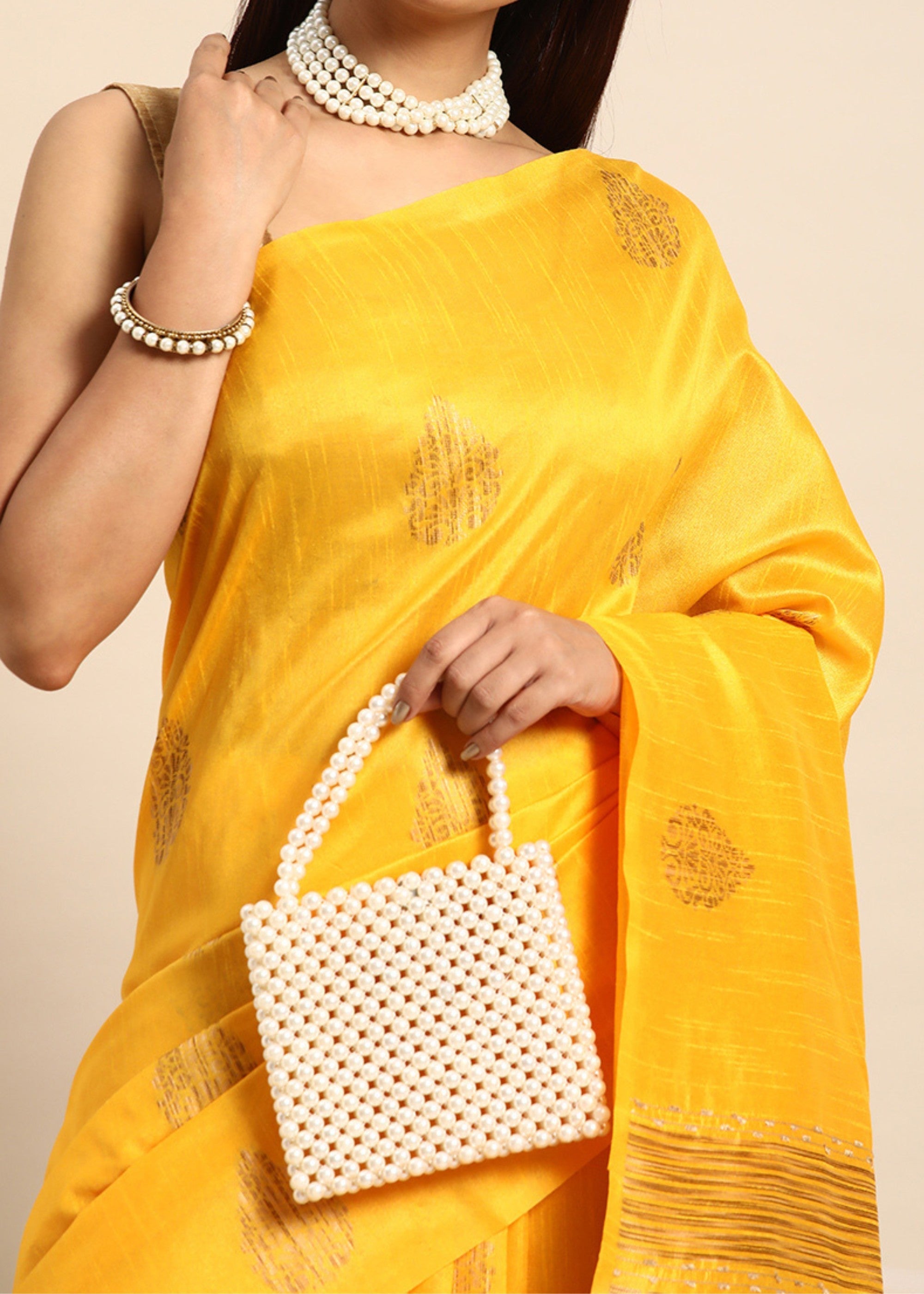 Golden Yellow Denim Blue Woven Handloom Raw Silk Saree - qivii