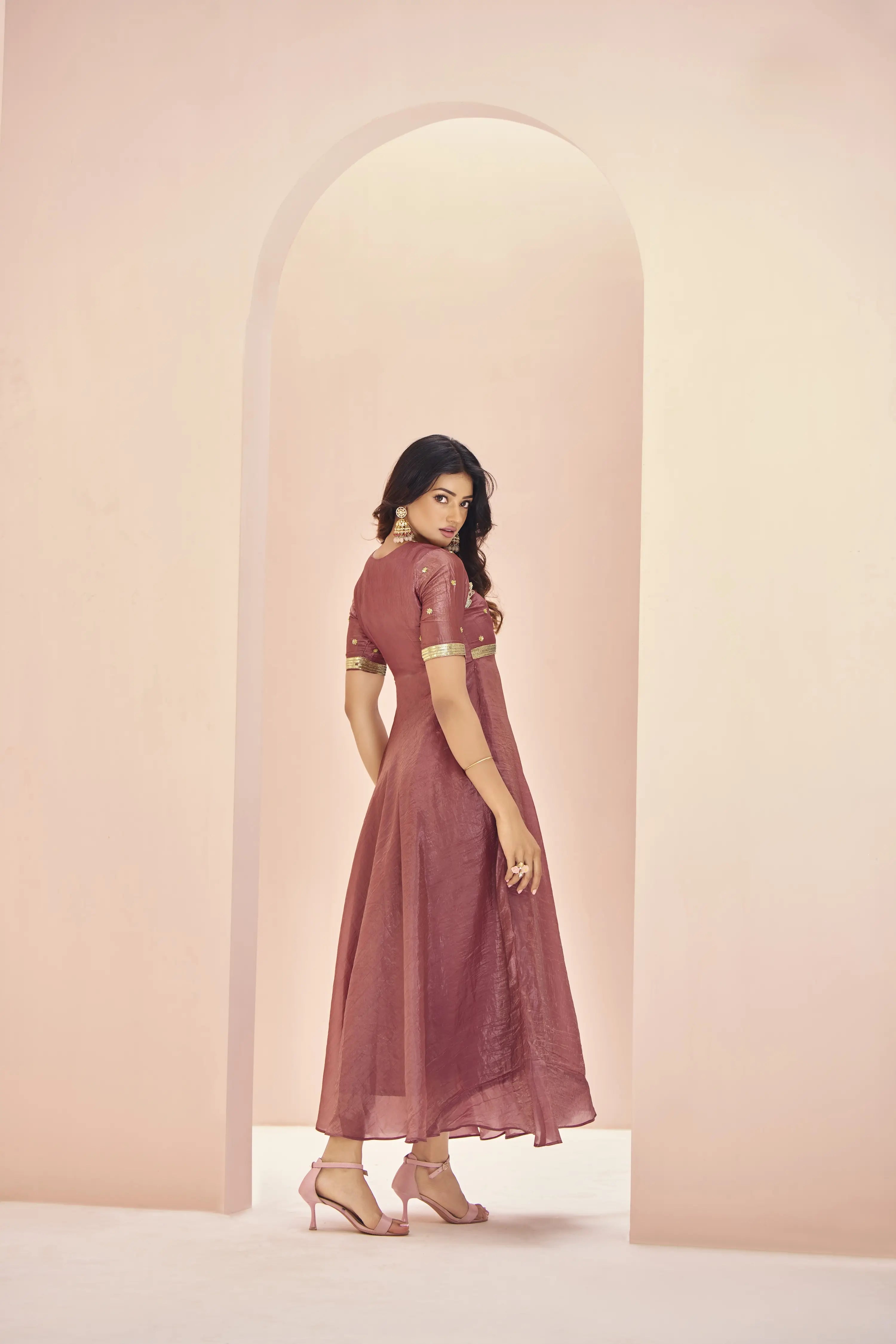 Coral Red Organza Kurta With Handwork - qivii