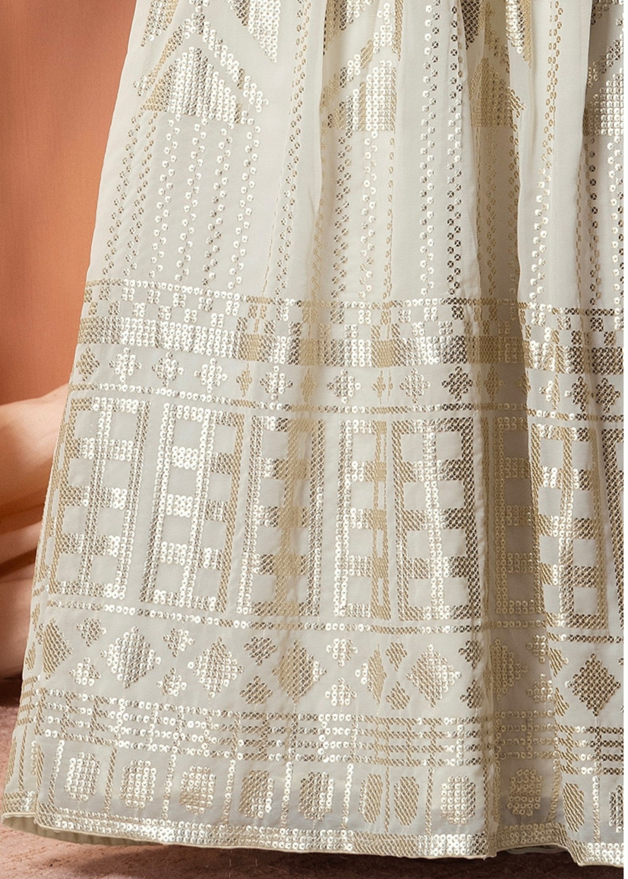 Off White Georgette Lehenga Choli With Sequins And Thread Embroidery Work | Ready To Wear - qivii