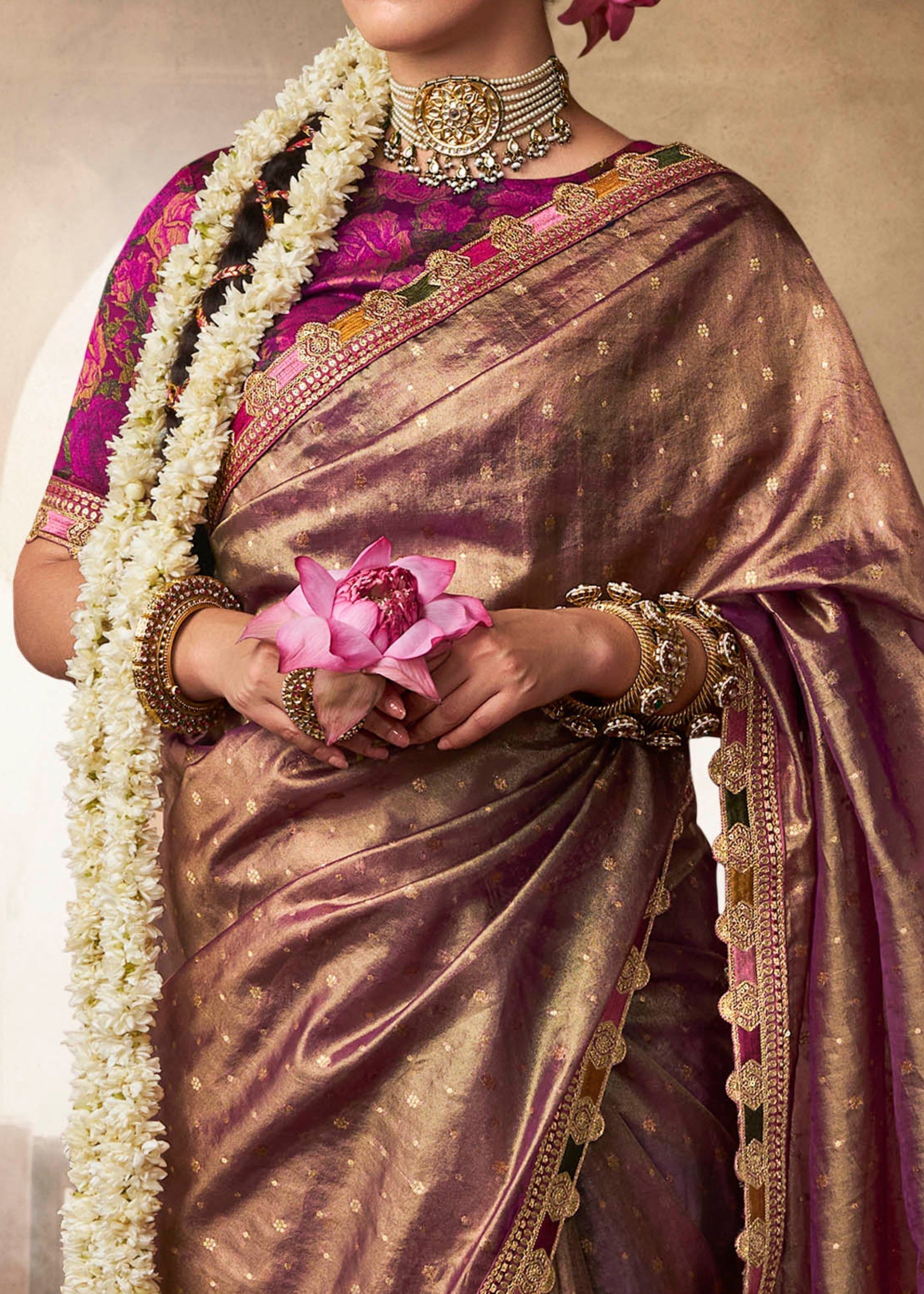 Purpleish Tissue Silk Saree With Multicolored Lace & Designer Blouse - qivii