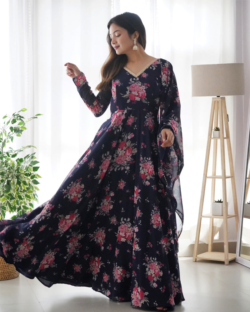 Floral Navy Blue Color Pure Soft Georgette Anarkali Suit  - By Qivii