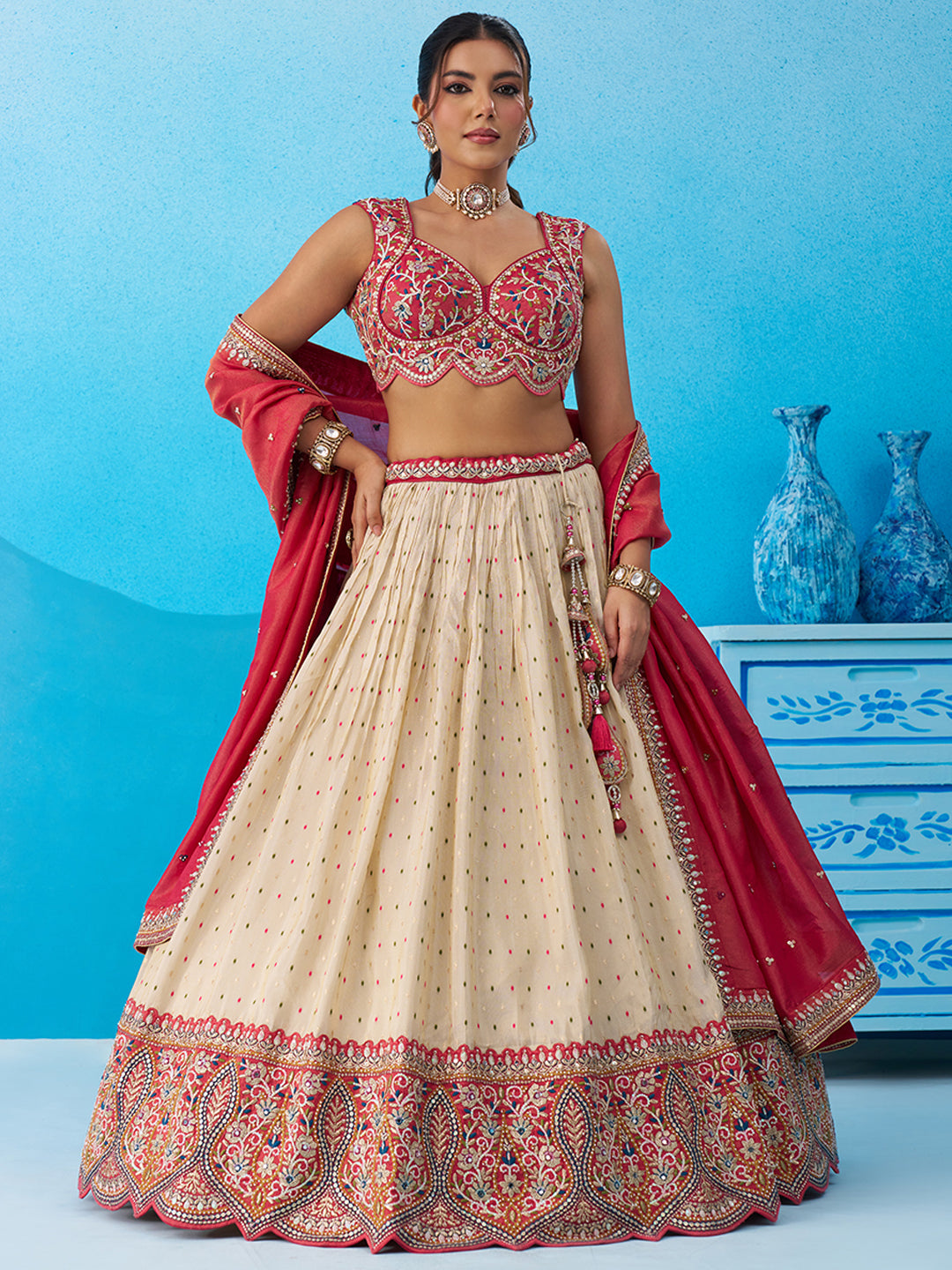 Cream & Pink Jacquard Tissue Sequined Thread & Embroidered Lehenga set