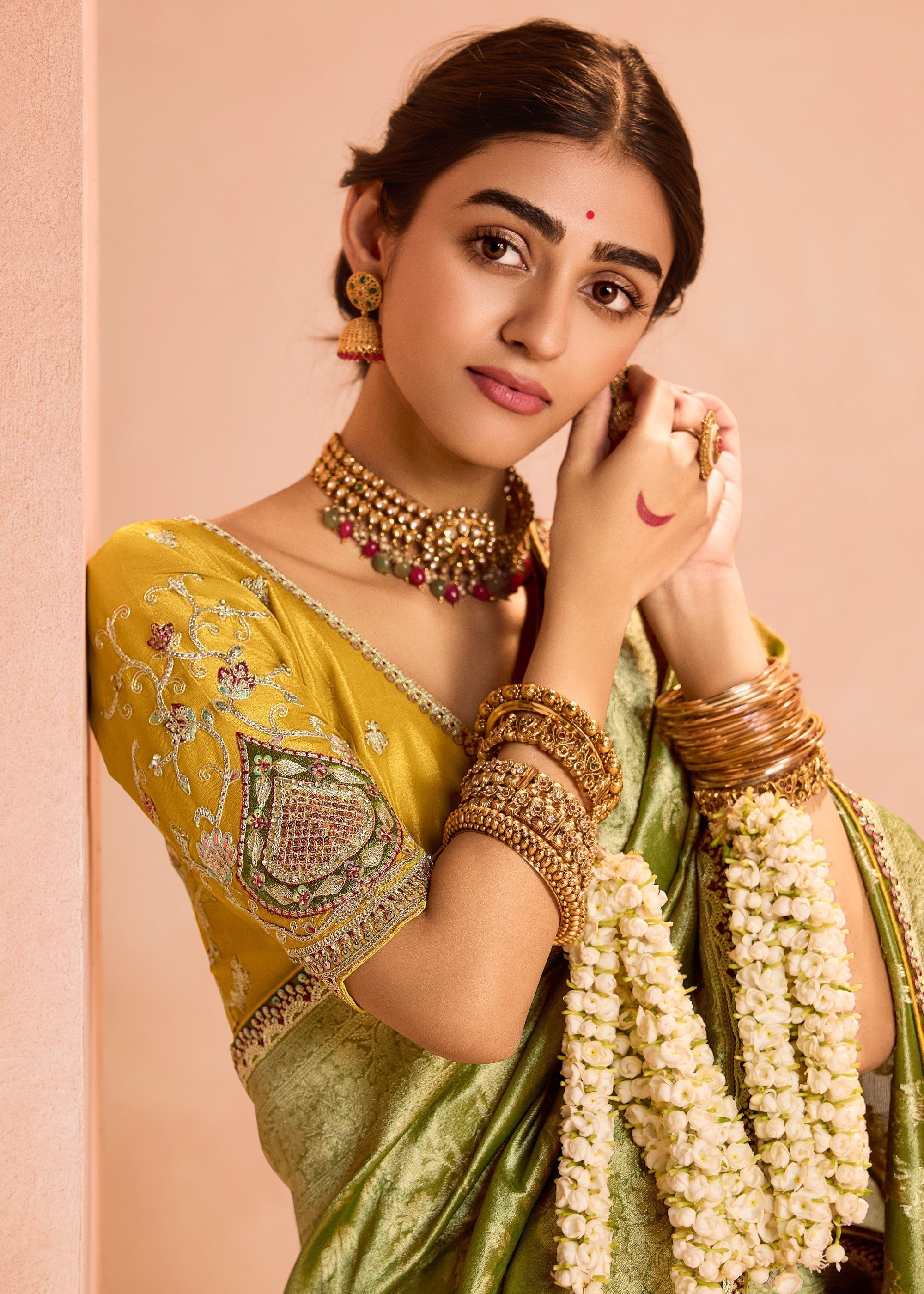 Lime Green Zari Tissue Silk Saree With Weaving Work And Heavy Embroidery Lace - qivii