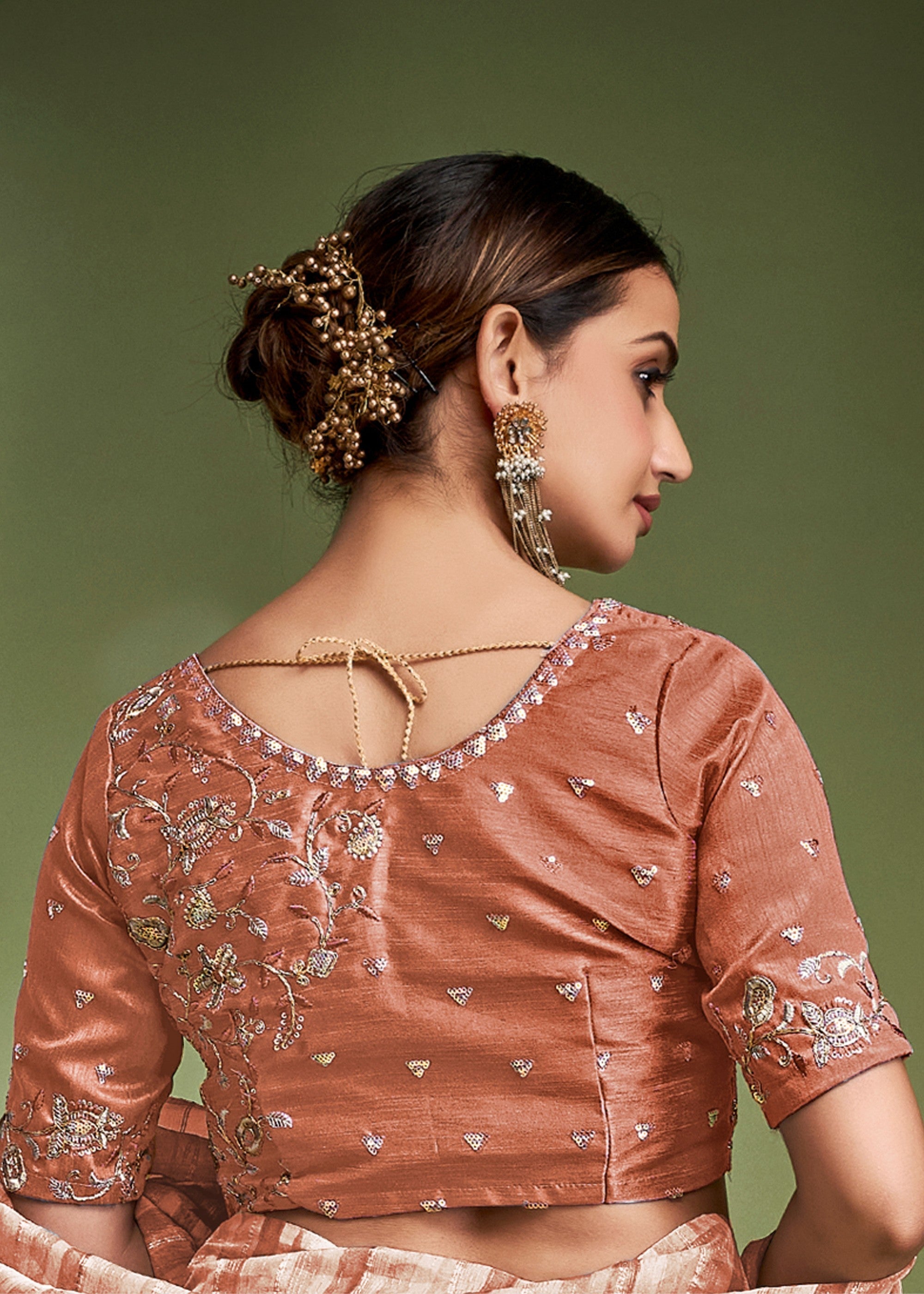 Salmon Orange Tissue Based Fancy Silk Saree With Designer Blouse - qivii
