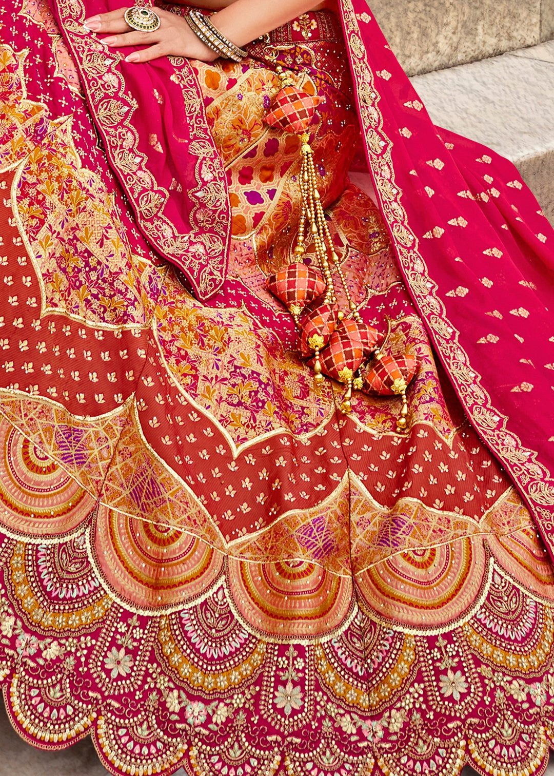 Rani Pink Banarasi Silk Lehenga Choli with Zarkan, Sequence and Thread Work