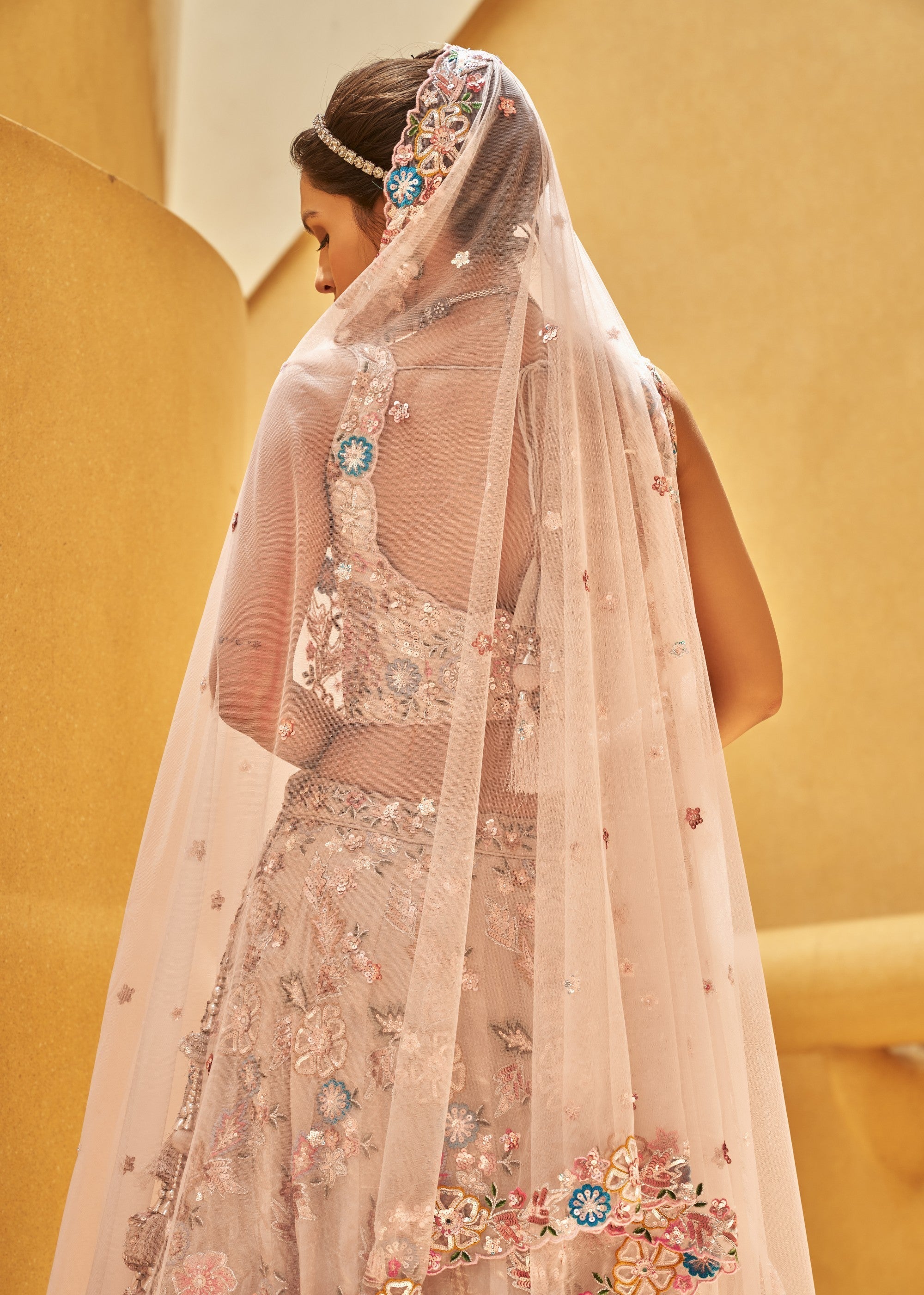 Rose Gold Organza Fabric Sequins Work Lehenga | Ready To Wear - qivii