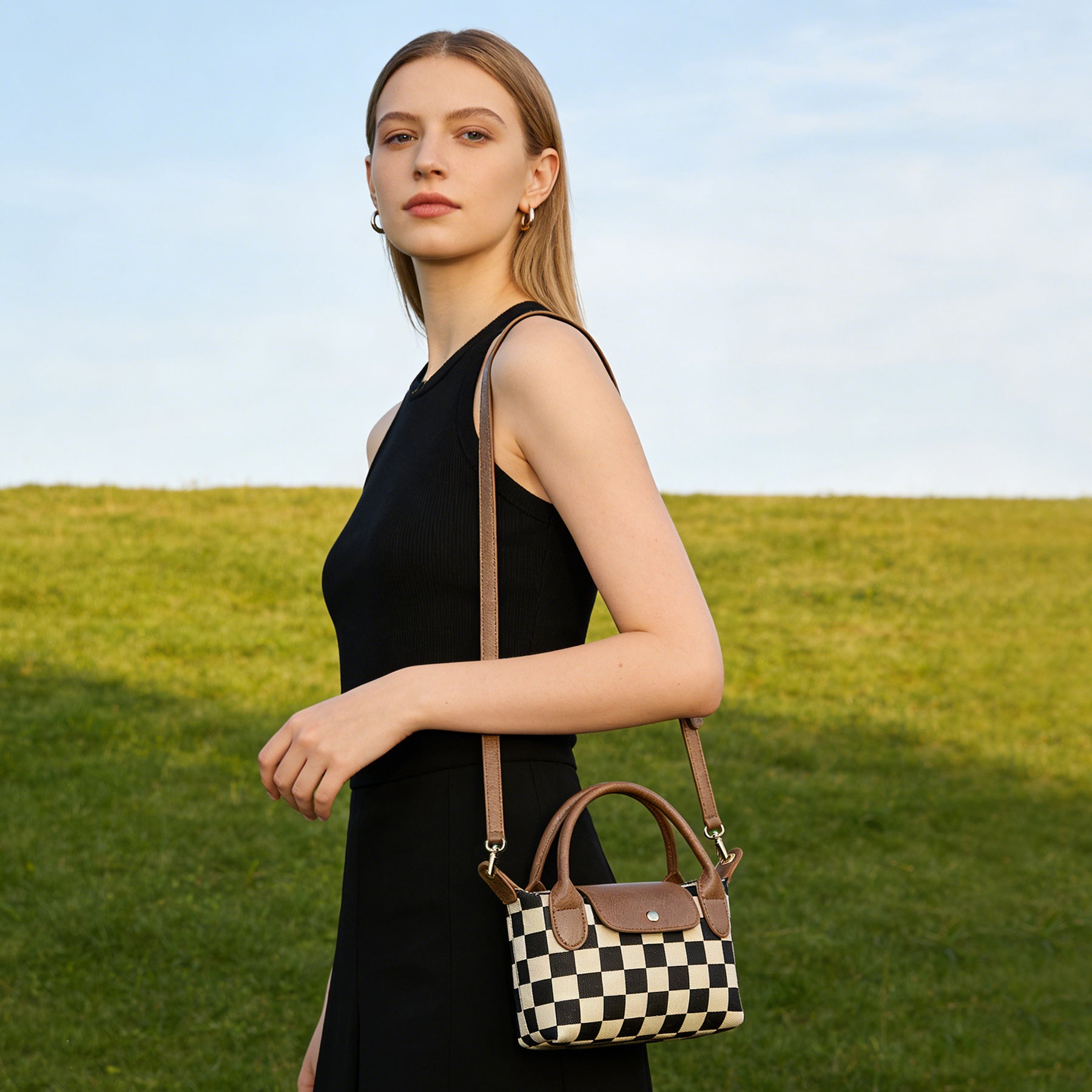 Ounamei Mini Checkered Nylon Crossbody Bag | Small Size Large Capacity 3-Way Carry Lightweight Tote