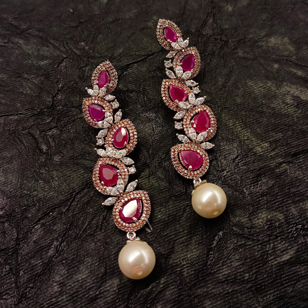 Pihu Ruby American Diamond Silver Plated Pearl Work Earrings