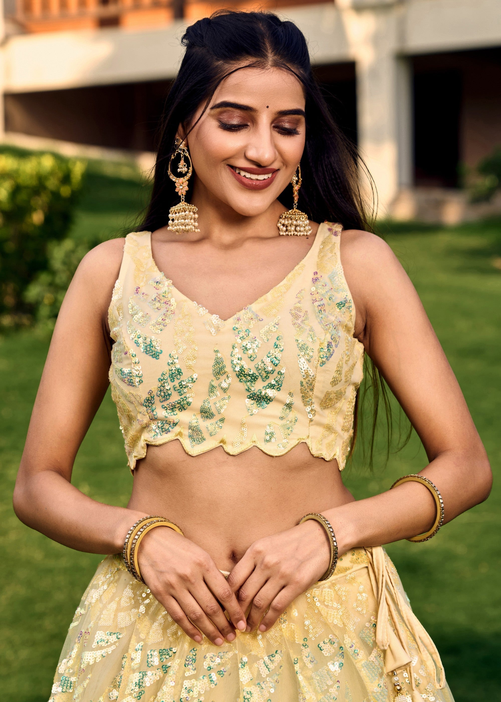 Pale Yellow Net Lehenga Choli With Multiple Sequins And Thread Embroidery Work | Ready To Wear - qivii