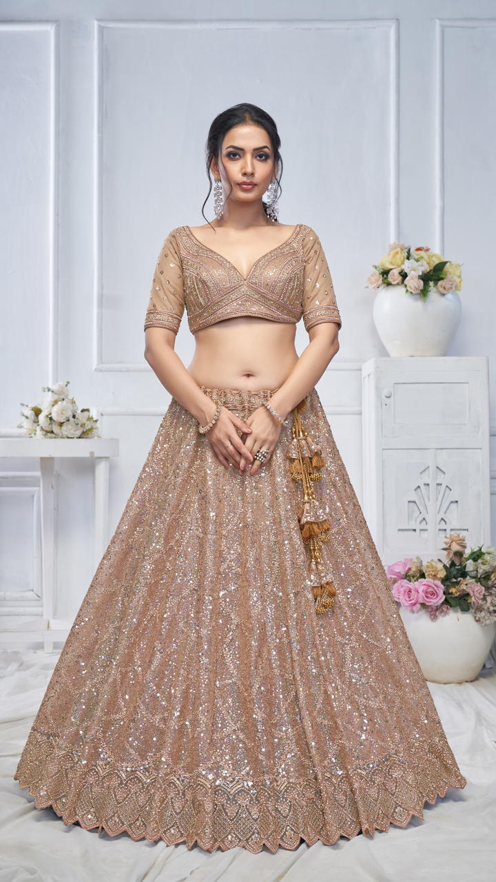 Alluring Brown Sequins Net Bridesmaid Lehenga Choli With Dupatta