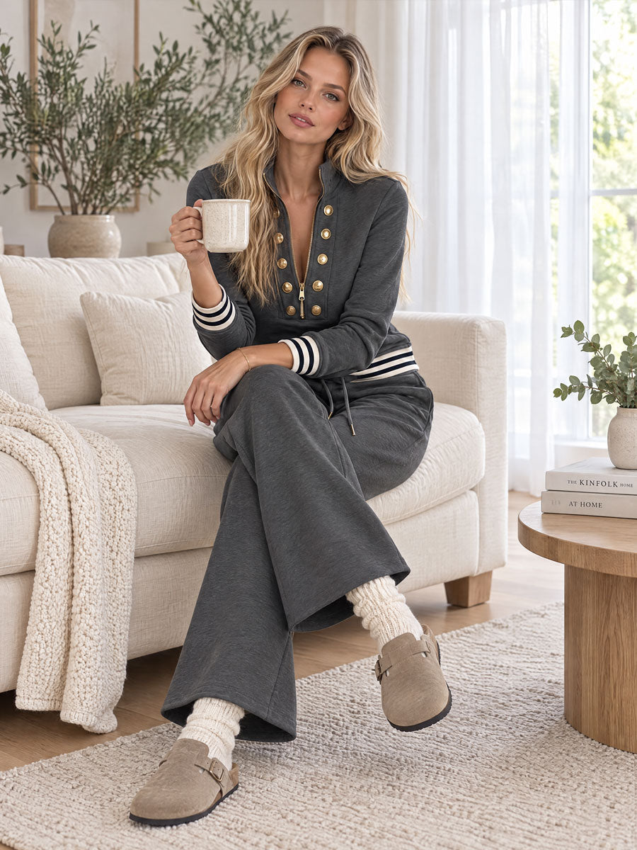 Oyrosy Clothing women's grey sporty half-zip sweatshirt and wide-leg pants set, casual athletic wear, front view.