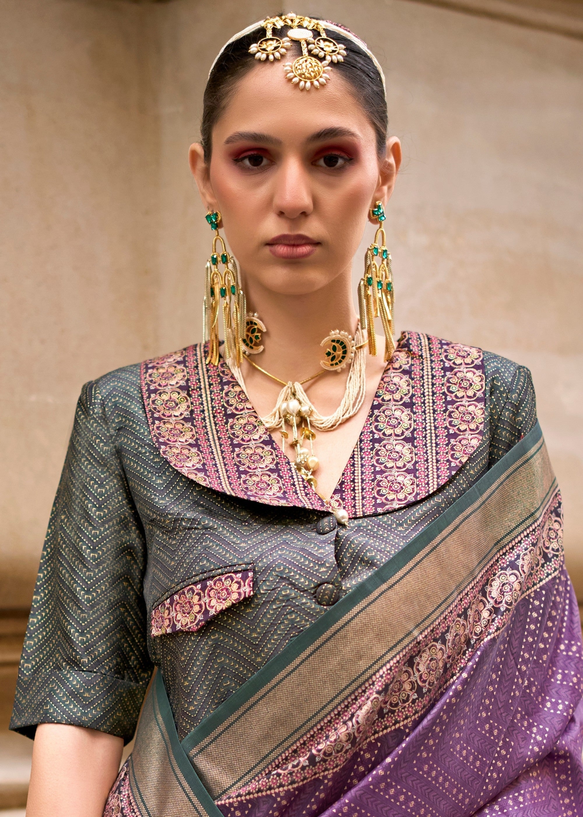 Purple Poly Viscose Silk Saree With Foil Print - qivii