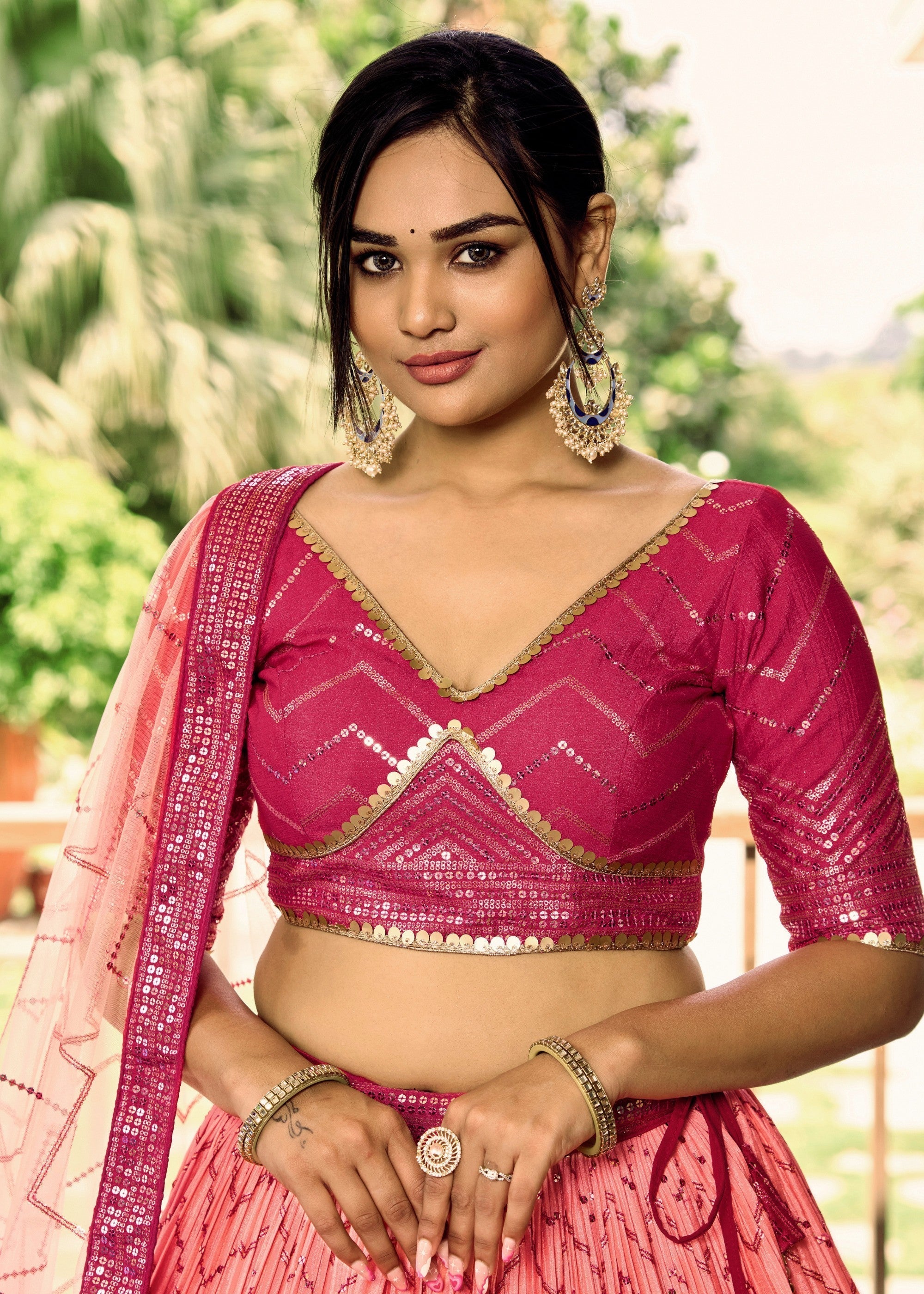 Hot Pink Chinon Silk Lehenga With Sequence and Thread Embroidery Work | Ready To Wear - qivii