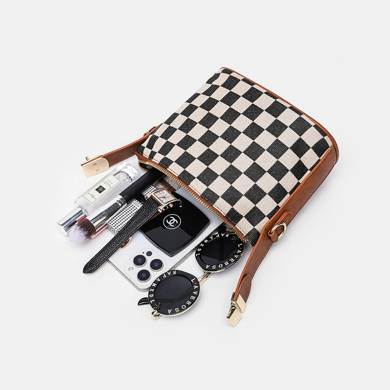 Ounamei Checkered Canvas Handbag with Leather Trim | Top Handle Shoulder & Crossbody Mini Box Bag