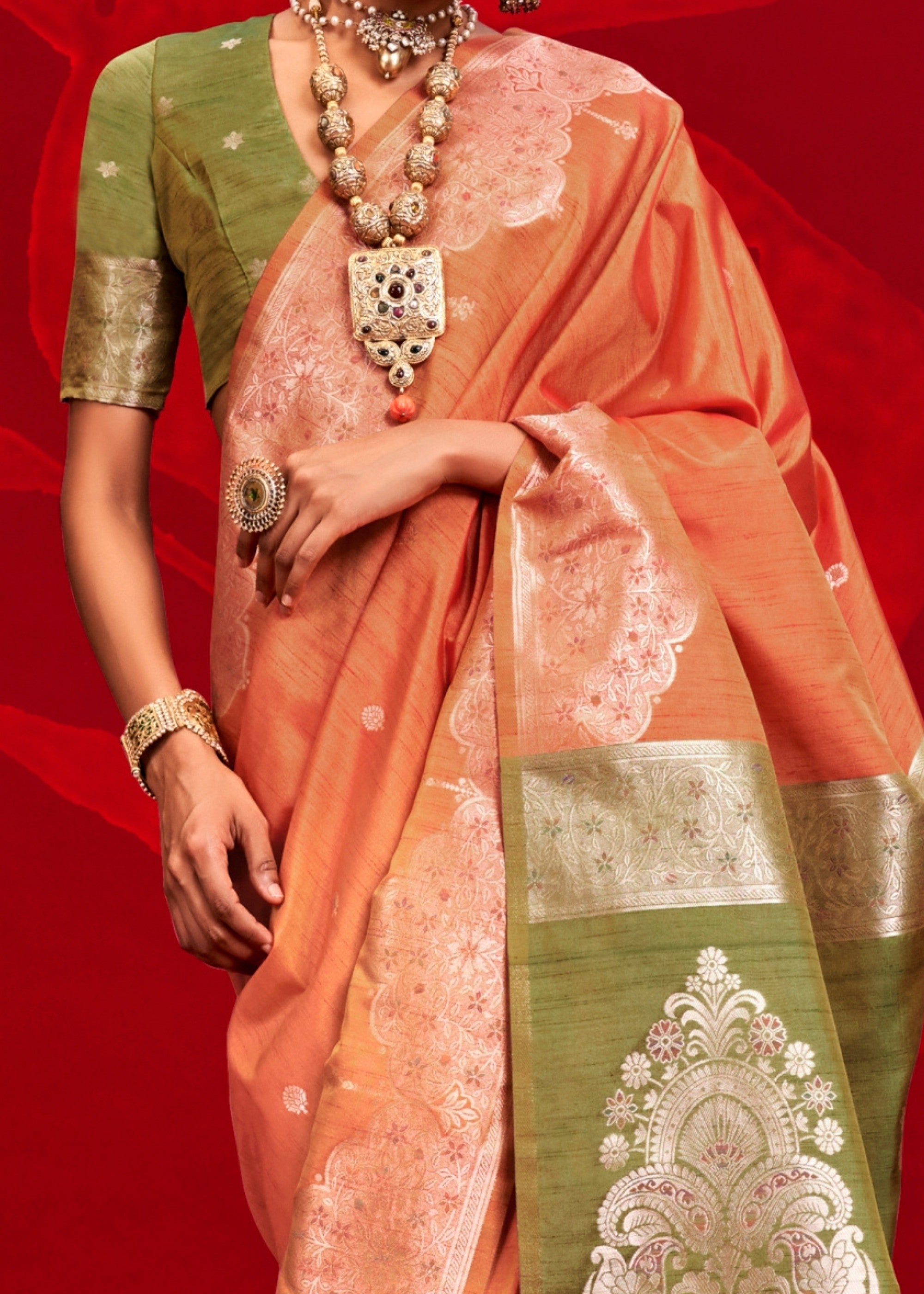 Orange Tussar Silk Handloom Weaving Saree with Contrast Ikkat Pallu - qivii