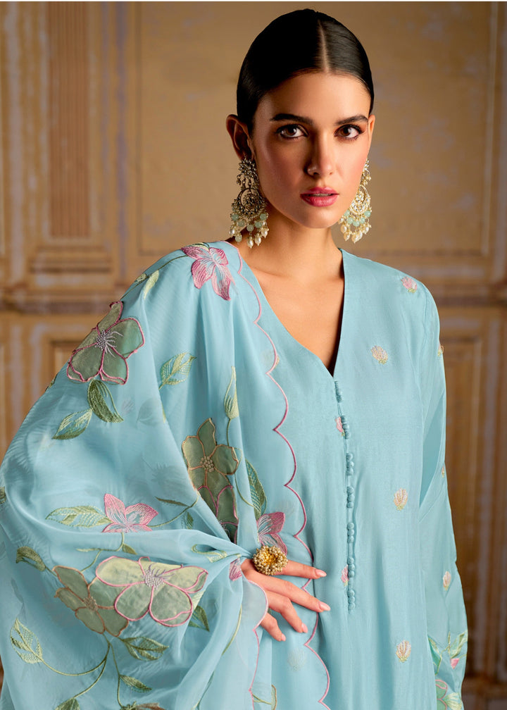 Blue Pure Bamber Silk Salwar Suit with Intricate Resham Embroidery Detailing