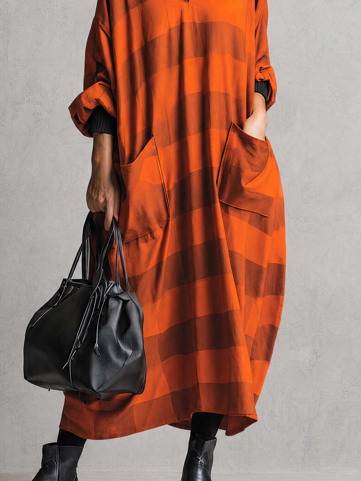 Vintage Fashion Ultra Loose V-neck Large Pockets Orange And Brown Wide Striped Maxi Dress  - By Qivii