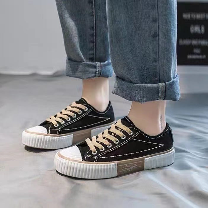 Women's Ravelle Contrast Stitch Sneakers - Chunky Low-Top Canvas Lace-Up Shoes (US 4-8.5)