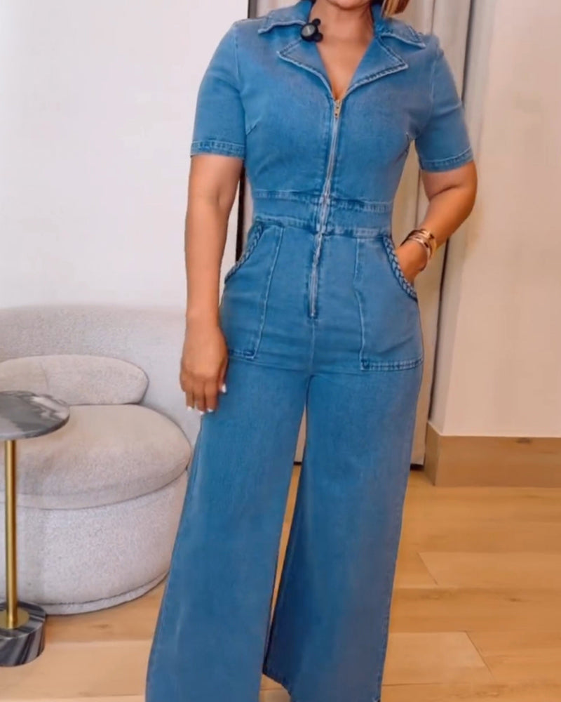 Women's Casual Short Sleeve Loose Straight Leg Denim Jumpsuits with Pockets  - By Qivii