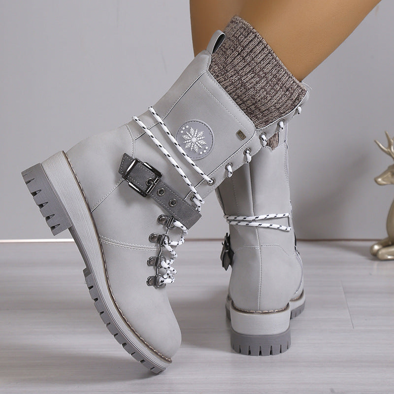 Women's Nordic Knit Combat Boot - High-Shaft Thermal Cotton Lined Snow Boots with Block Heel & Leather Accents Design (US 5-10.5)