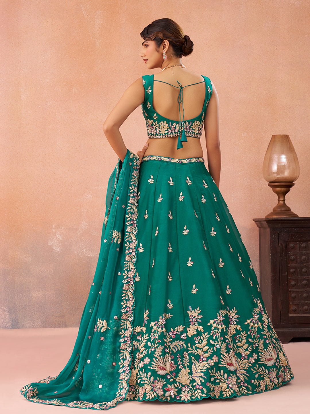 Green Tissue Sequined with Zari Embroidered Lehenga Set