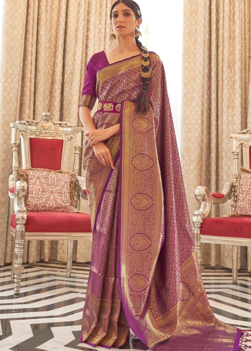 Irish Purple Zari Woven Kanjivaram Silk Saree with Tassels on Pallu - qivii