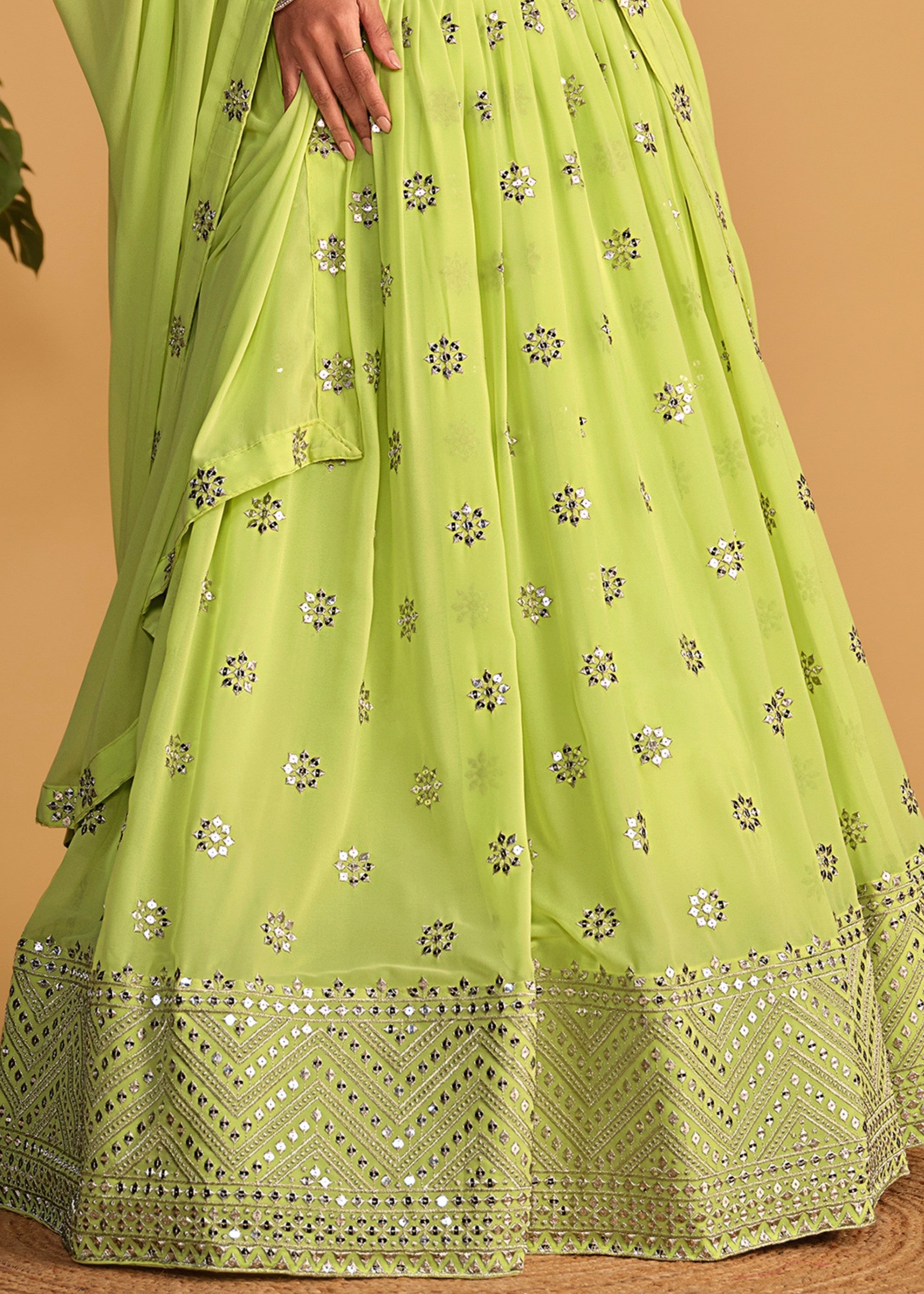 Neon Green Georgette Lehenga Choli With Sequins Zari Embroidered Work | Ready To Wear - qivii