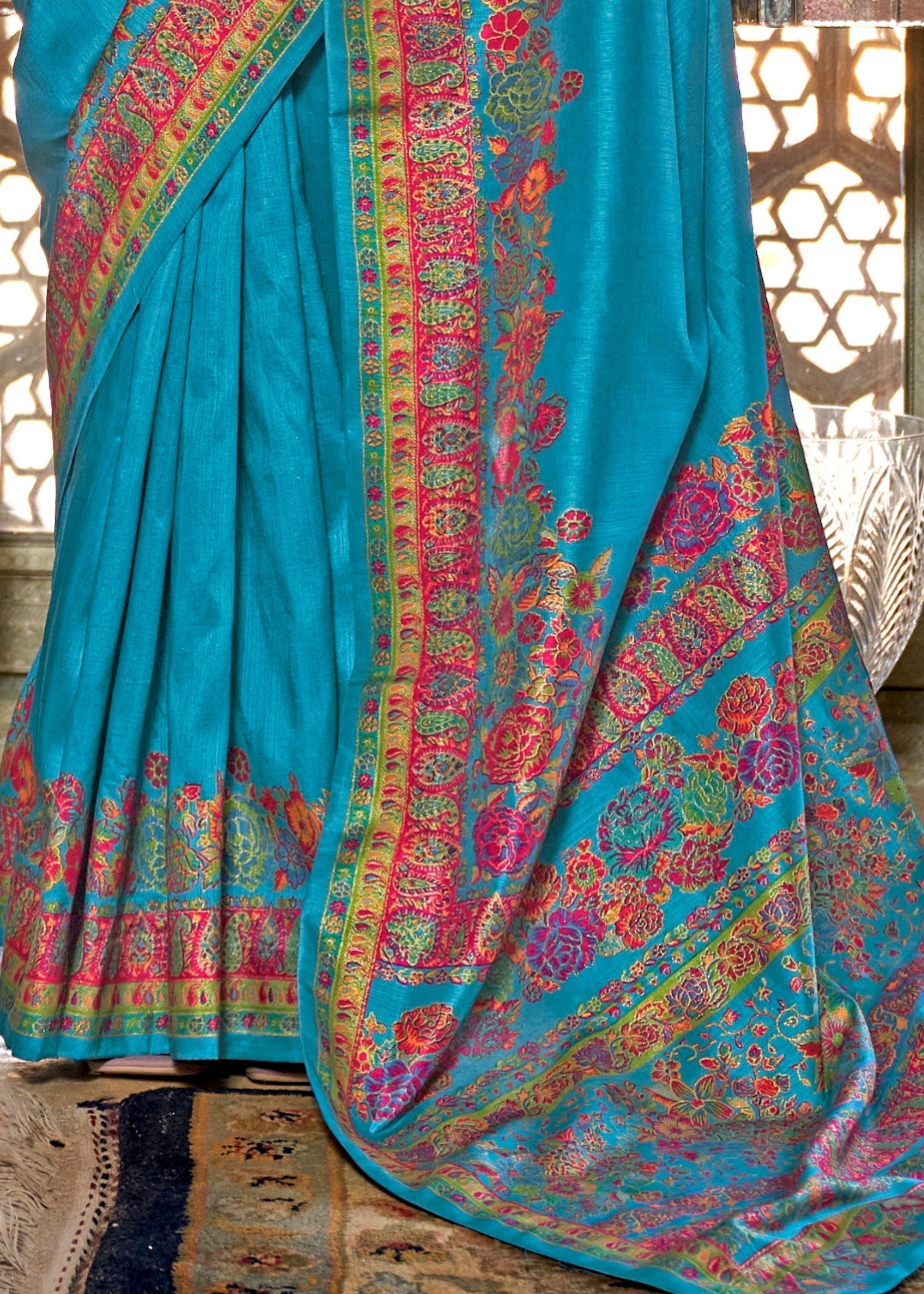 Azure Blue Silk Saree With Luxury Print And Glory Finish - qivii
