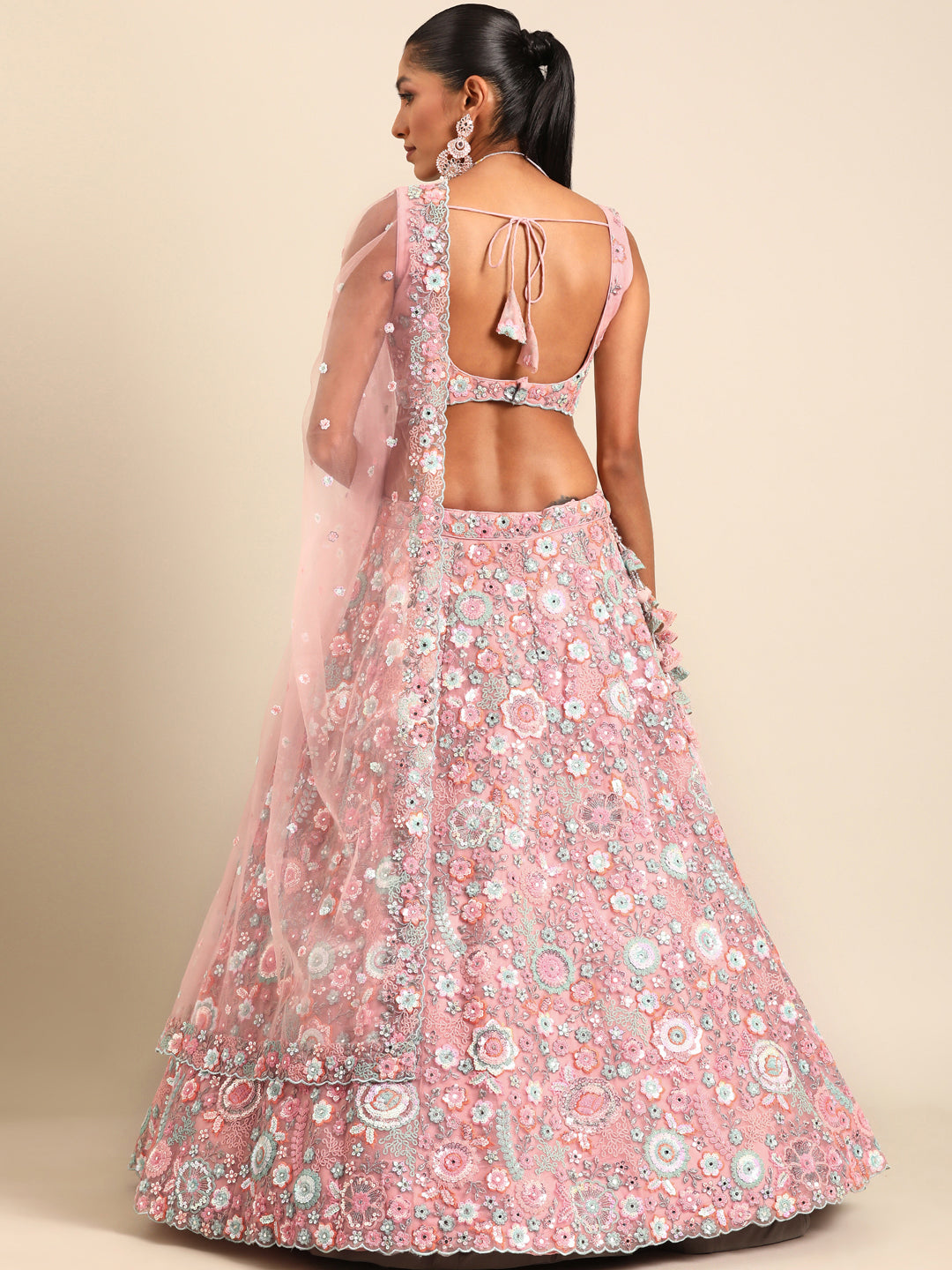 Rounded Embroiderey Multi-Sequins, Mirror and thread Embroidered Net Stitched Lehenga