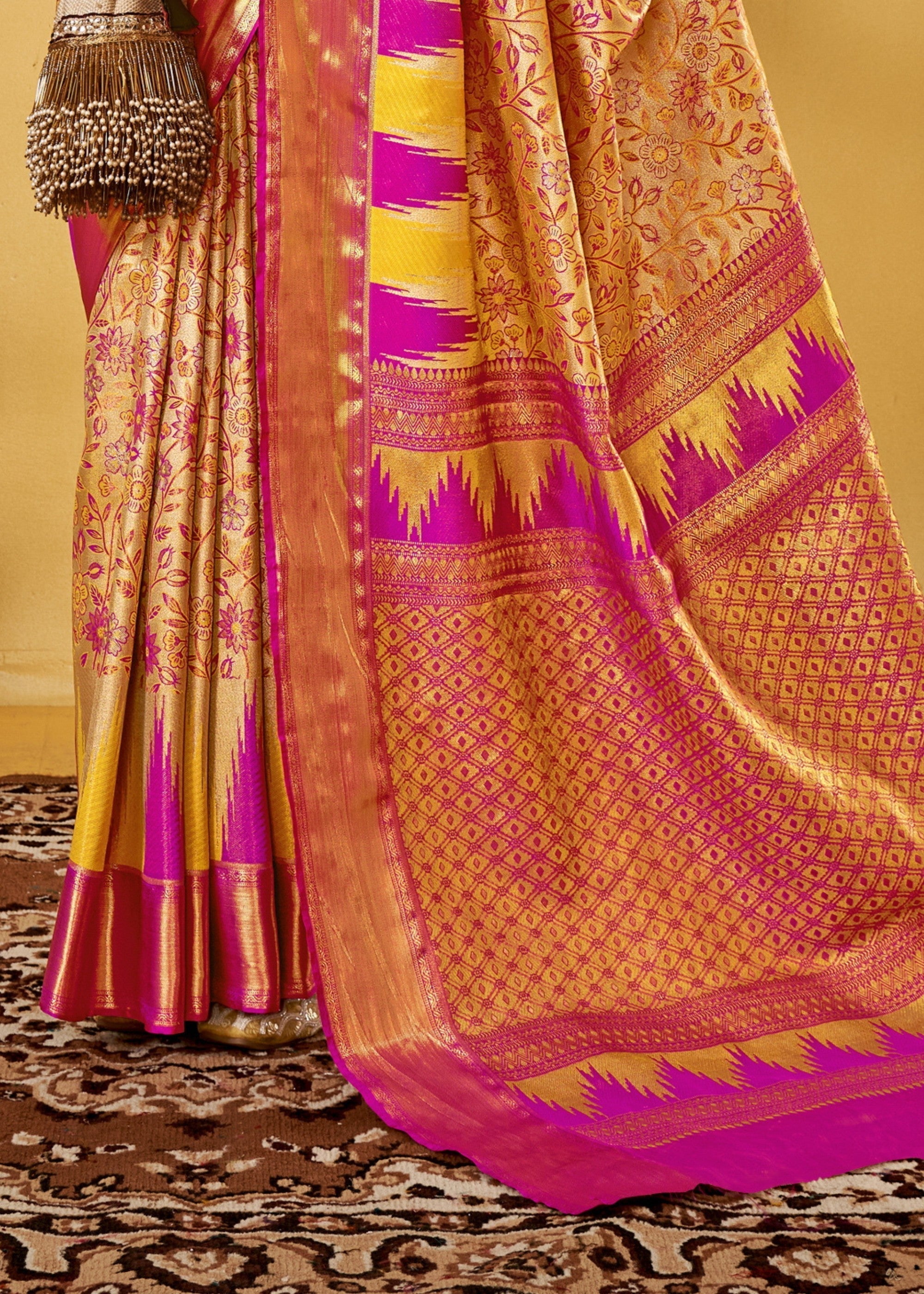 Yellow and Pink Handloom Dharamavaram Silk Saree - qivii