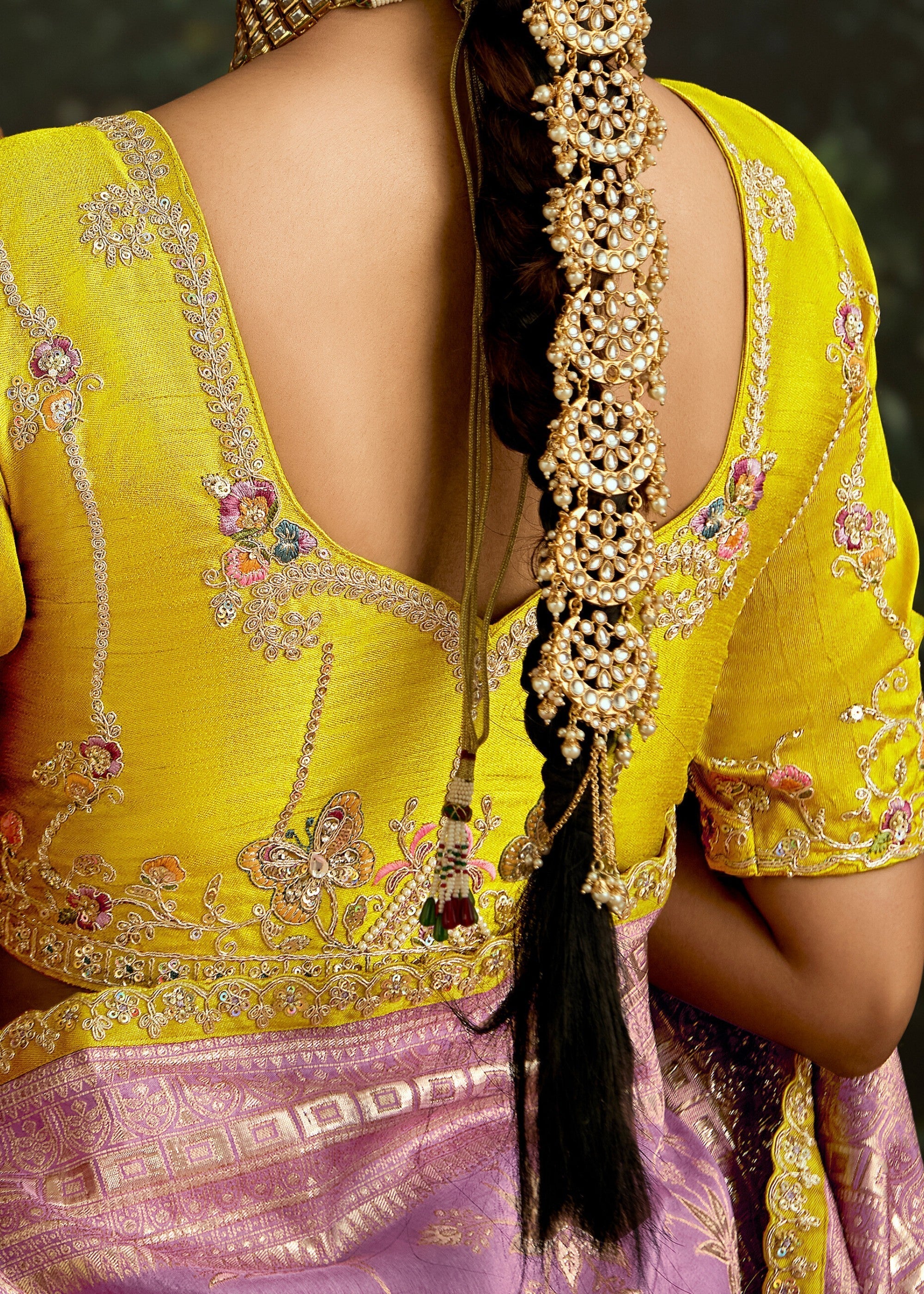 Lavender and Yellow Viscose silk Saree with Zari work - qivii