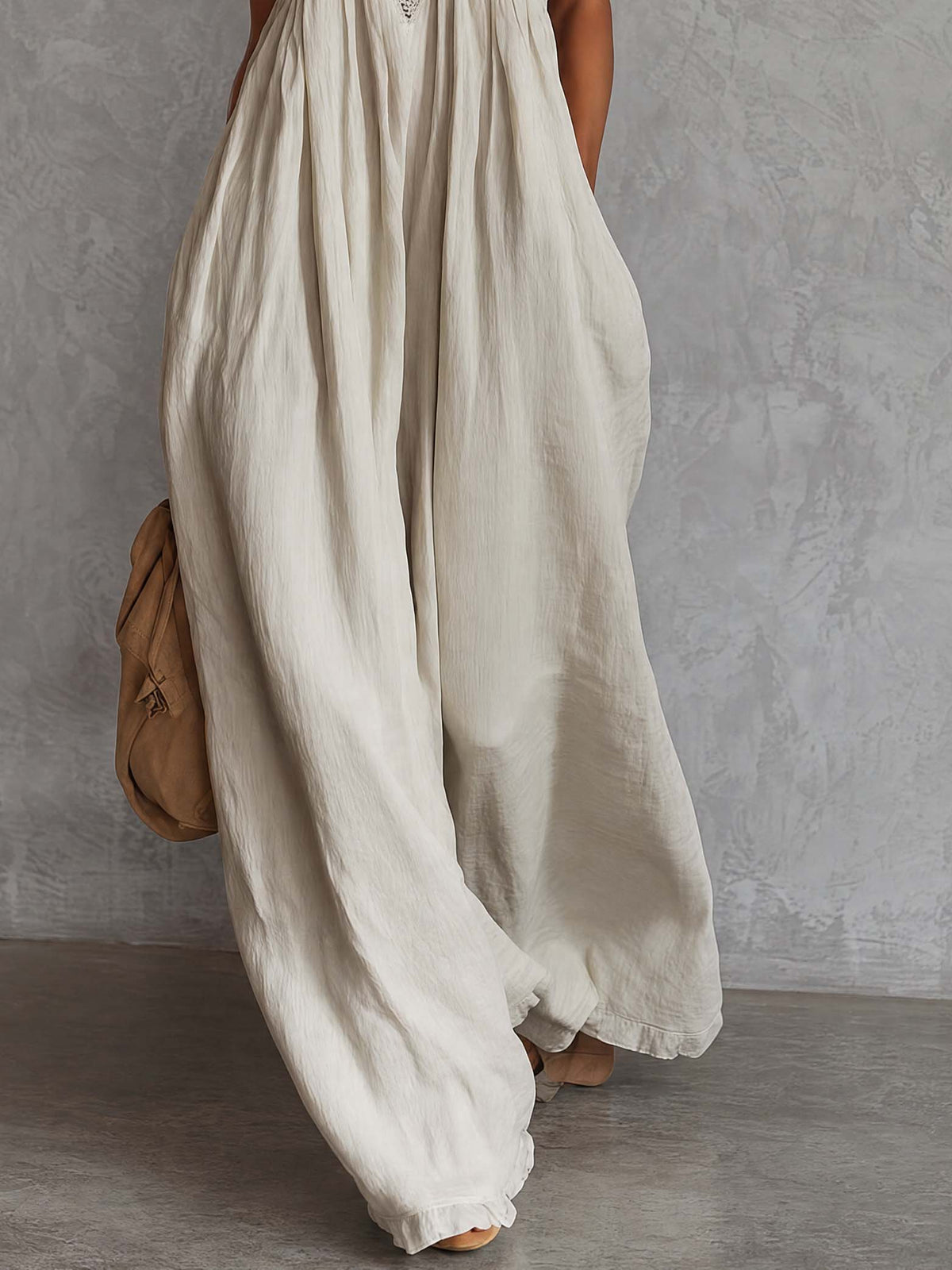 Off-white cotton maxi dress with V-neck, lace trim, sleeveless design, bohemian style by Oyrosy Clothing, perfect for casual wear