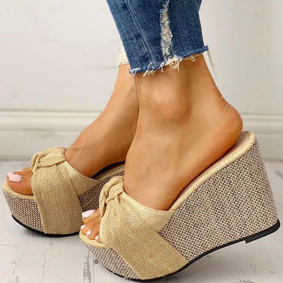 Women's Celeste Bow Peep-Toe Wedge Slide Sandals - Elegant Roman Summer Slides (US 4-10.5)
