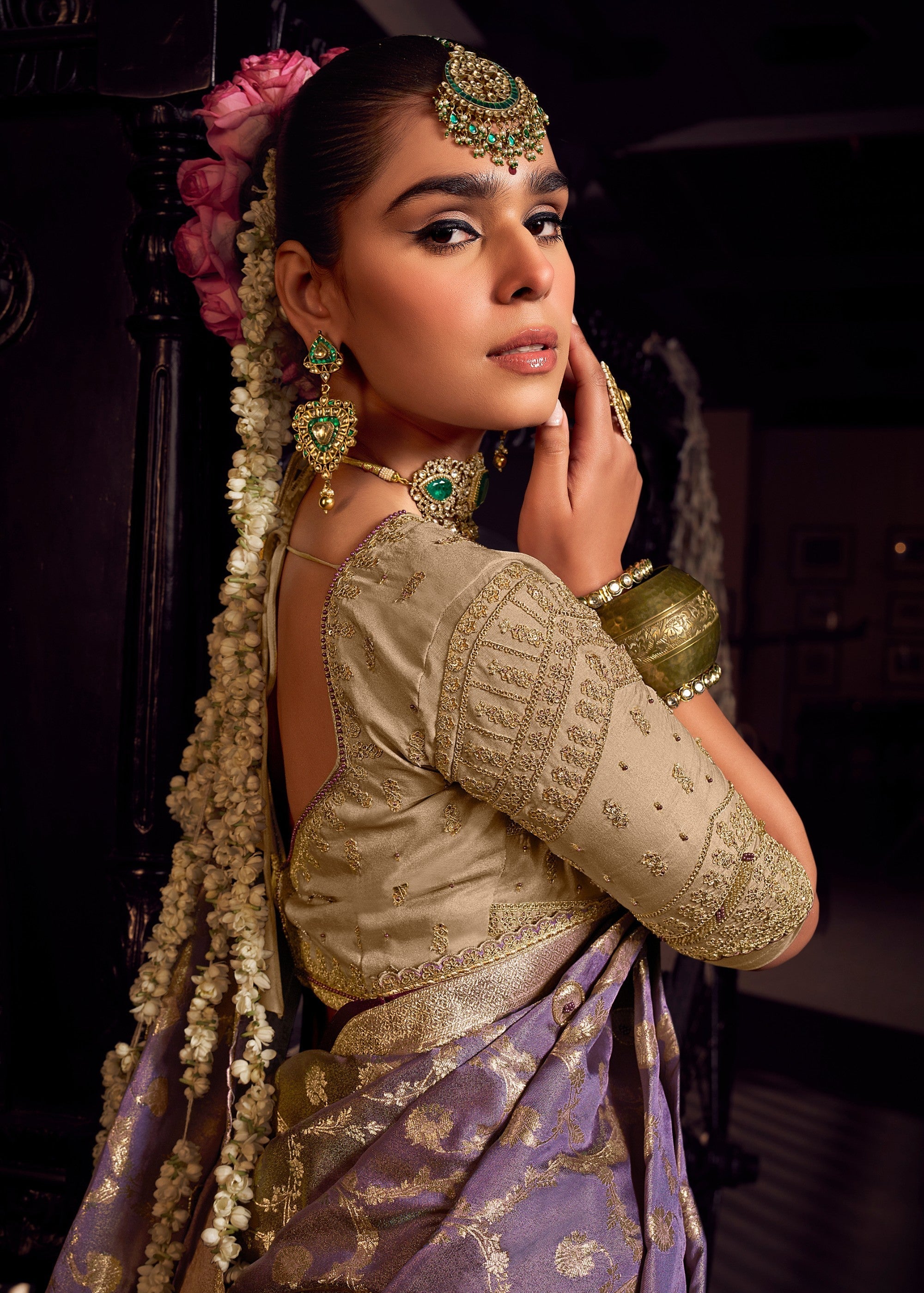 Heather Purple Viscose Tissue Silk Saree with Handworked Pallu And Contrast Designer Blouse - qivii