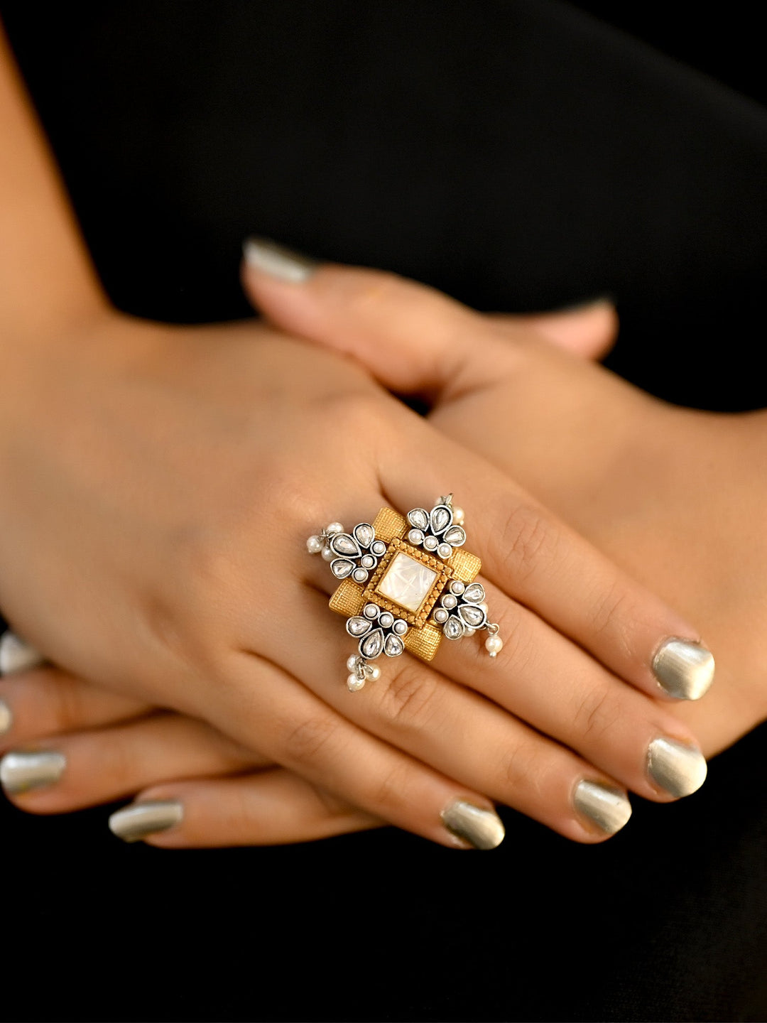 Close-up image of Bodhi Smoke White Boutique Finger Ring, a stylish and unique accessory for adding a touch of elegance to any outfit