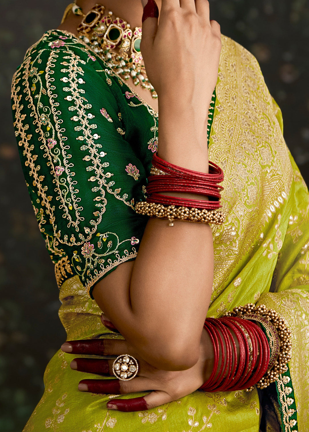 Lime-green and Dark-green Viscose silk Saree with Zari work