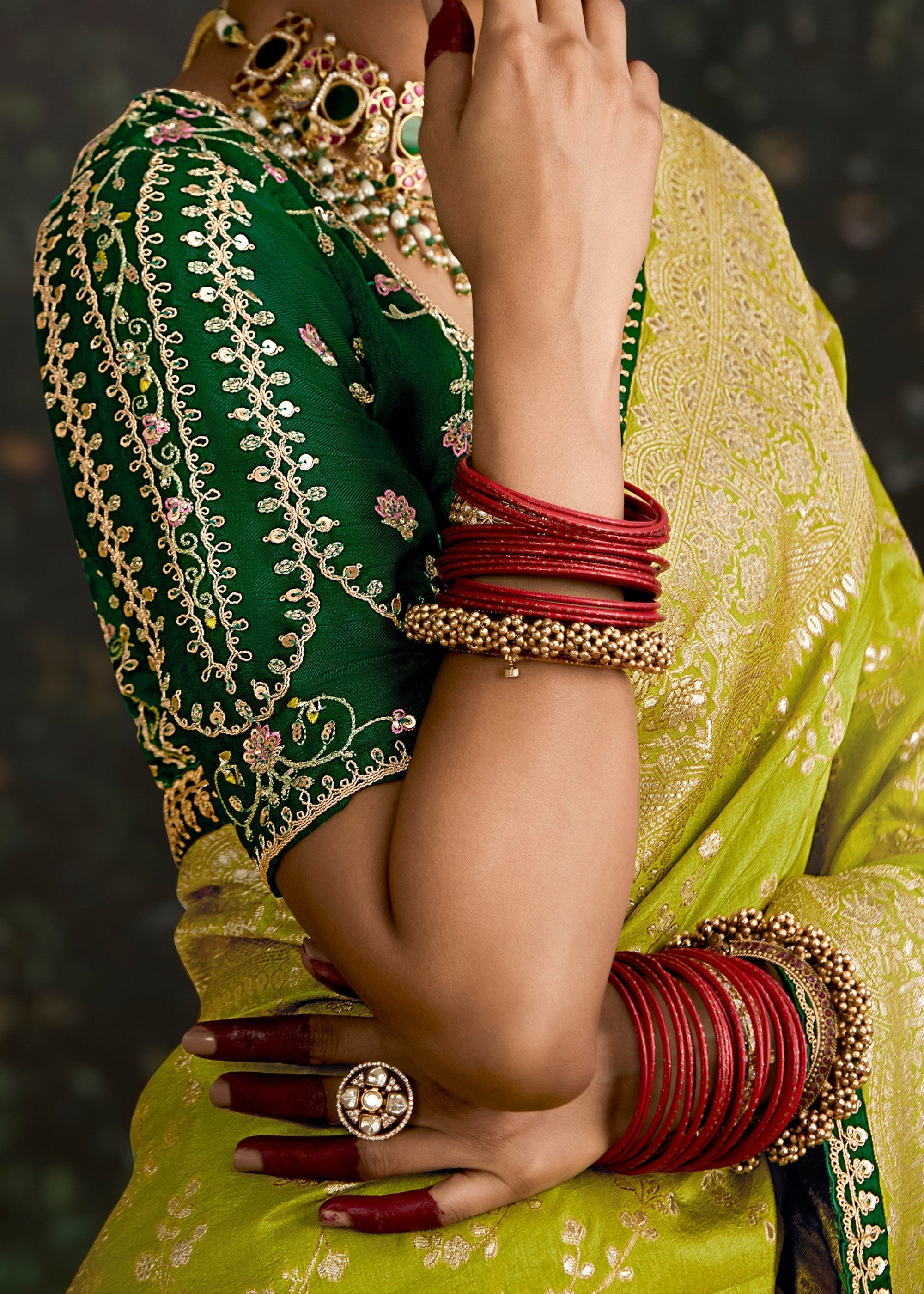 Lime-green and Dark-green Viscose silk Saree with Zari work - qivii
