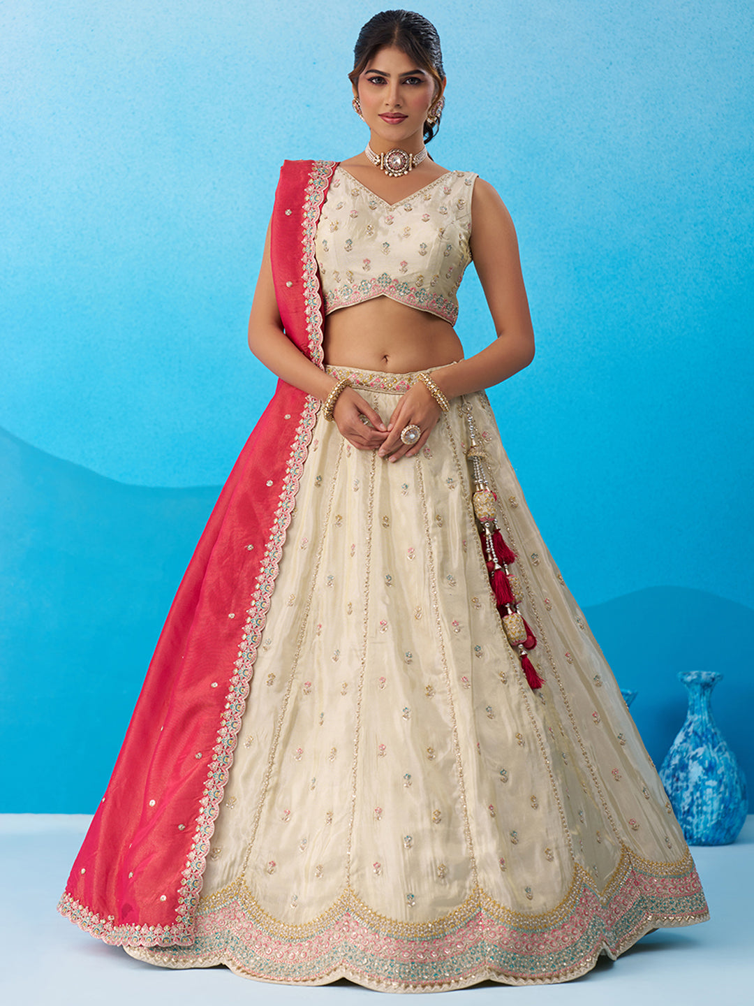 Pink Tissue Sequins Embroidered Semi-Stitched Lehenga Set