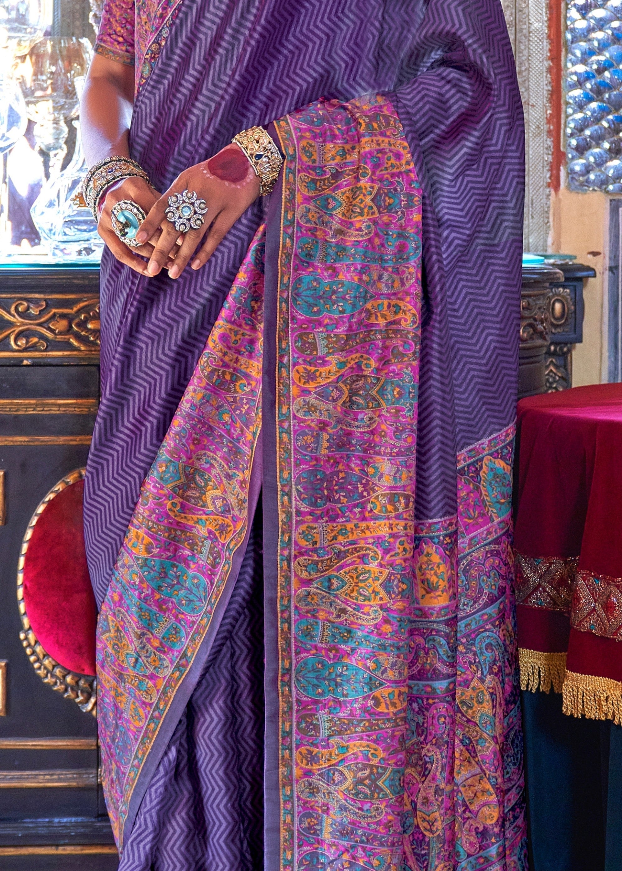 Royal purple Silk Saree With Beautiful Print - qivii
